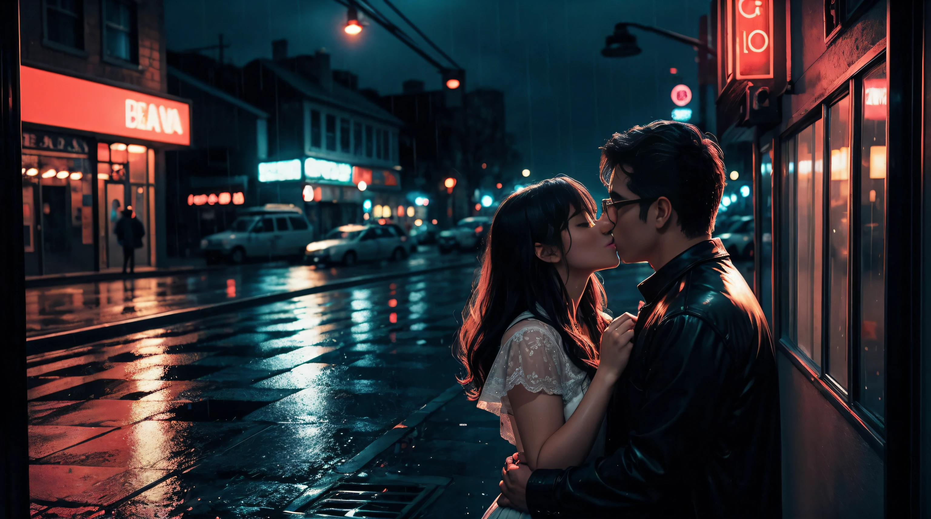 Arafed image of a couple kissing in the rain on a rainy night - SeaArt AI