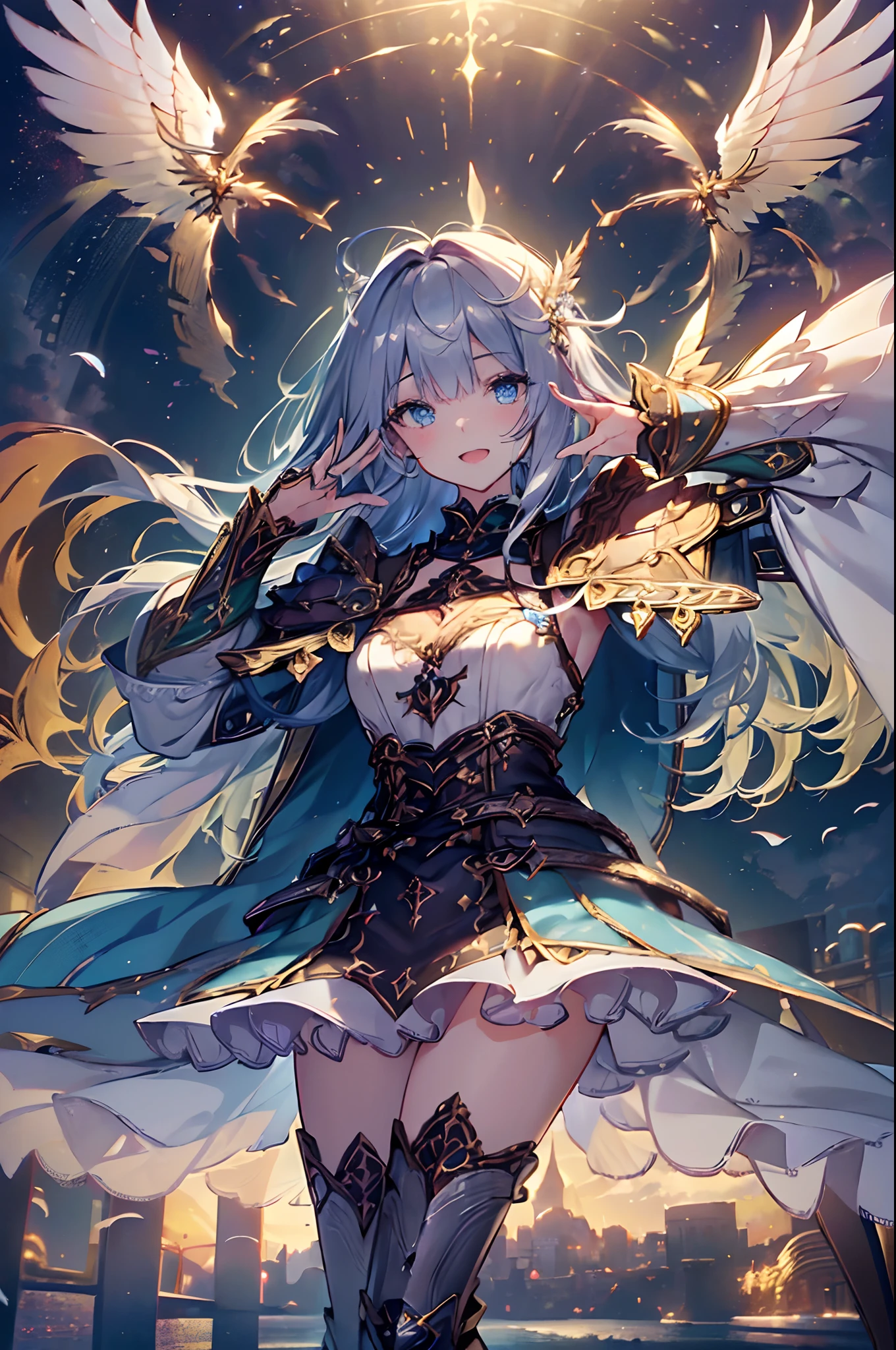 (Official art、Best Quality、Unity 8k Wallpapers、32K、masterpiece、ultra-detailliert、超A high resolution、The best illustrations、Very ridiculous:1.2)、(Cinematic lighting:1.2)、Fireglow effect、film grains、Best Shadows、Rim lighting、side lights、(Ultra-detailed and complex 3D rendering)、Detailed beautiful face and eyes、Sharp pupils、Realistic pupils、A slender、1Man Woman、Medium bust、(Full body:1.2)、 beauitful face、16-year-old beautiful girl、(super detailed skin、detailed skin textures:1.3)、(silver blond、Blue-silver hair:1.3)、Paladin、Longhaire、Blunt bangs、Green eyes、3 braids in 1 bunch、(Blue Armor、Blue Boots、Blue helmet、Jeweled、Gold embroidery)、A slender、a miniskirt、(thighs thighs thighs thighs:0.8)、(chies、in a house、Artistic stained glass、Large pipe organ、Hello Point、Mystical、a lot of feathers float、angelicales、Wings of an angel on the back、Particles of light、solemnity、Sunlight is、colourfull、Fantastical:1.2)、(Fantastical:1.3)、(Holding the Holy Sword:1.0)、Fantastical、Smile with open mouth