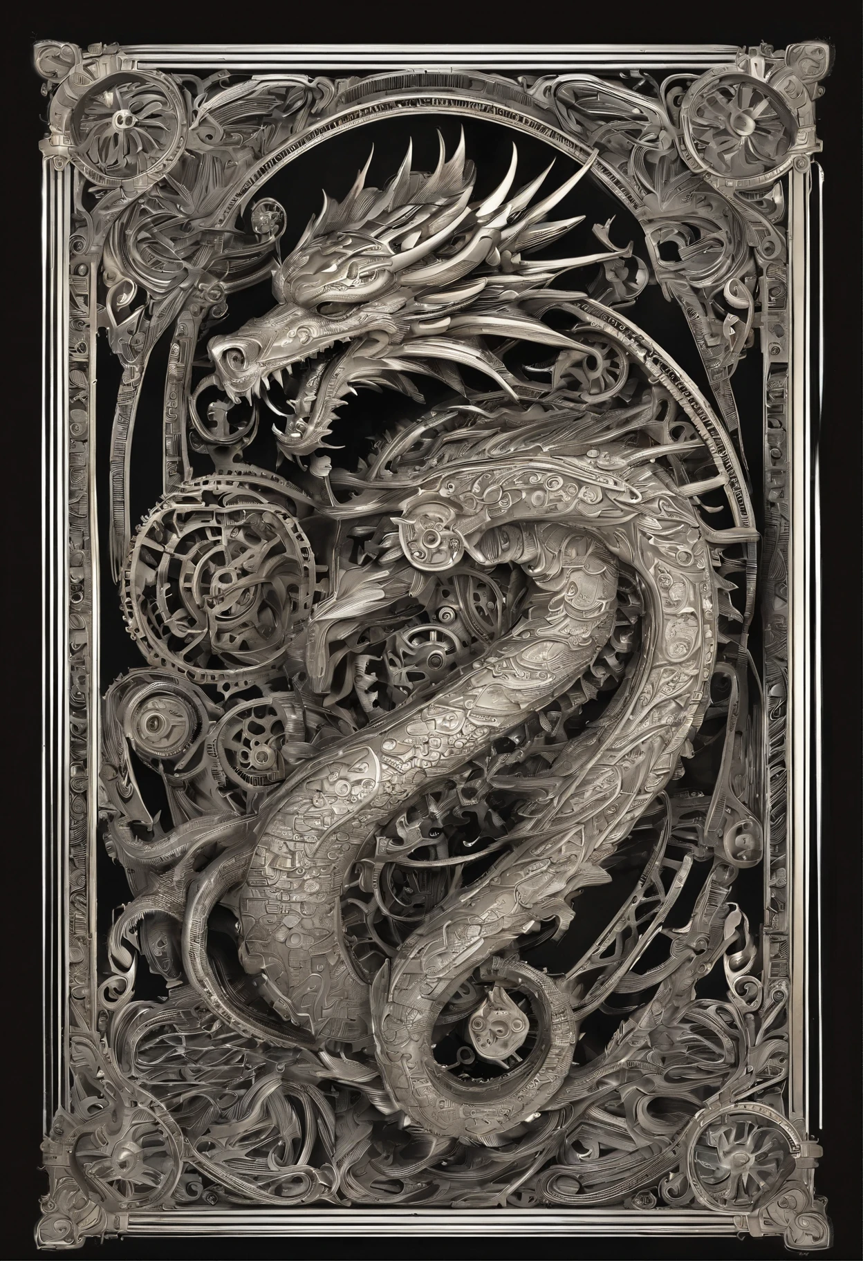 mythology, 3d dragon design for back of playing cards, black and white, shadows