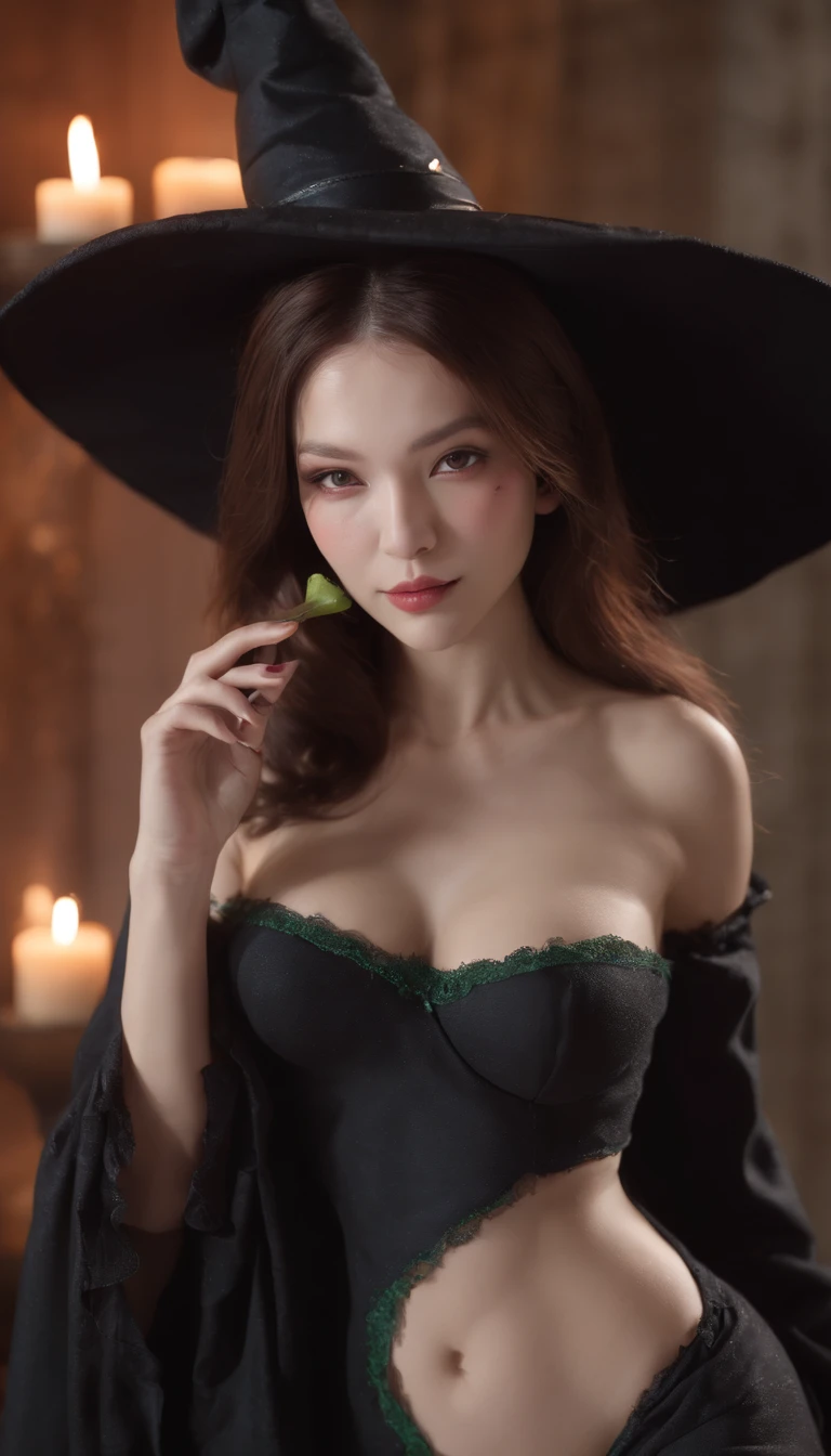 ( 8K, awardwinning, Best Quality), High Definition, Super Detail, high detailing, Anatomically correct, Perfect illustration, (masutepiece: 1.3), (Witch of lust:1.8), (flirting at you sexually while her bare skin turns green 1.1), ripped sexy black robes, Triangle has, sexy face Plot something、Detailed hand、Detailed long sexy claw like fingernails 、(young women:1.8)、