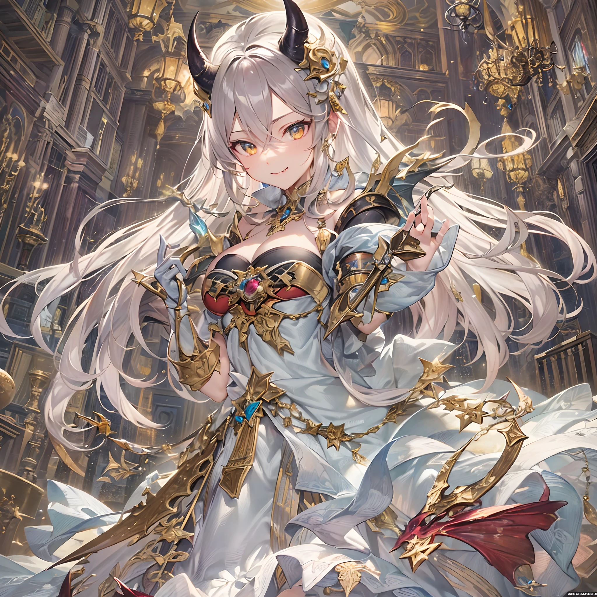((Finest quality)),(超A high resolution),(ultra-detailliert),(Meticulous portrayal),((Best Anime)),(Finest works of art),sharpnes,Clair, (Fantasyart:1.5), (One Devil:1.8),greed:1.5,arrogant:1.5,brutality:1.5,Confident々,Glamorous Body,cleavage of the breast:1.3,Invincible smile:1.1, Backgrounds with depth,Gold and silver treasures,treasured sword,diadems,Gorgeous,chandeliers