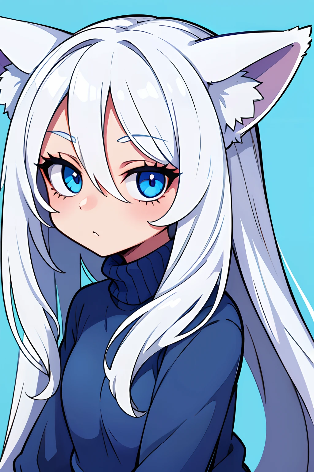 1girl, long white hair, blue eyes, wearing only blue sweater, fox ears , absurdres, high res, ultrasharp, 8K, masterpiece, looking at viewer, face only, green background, close up, thinking