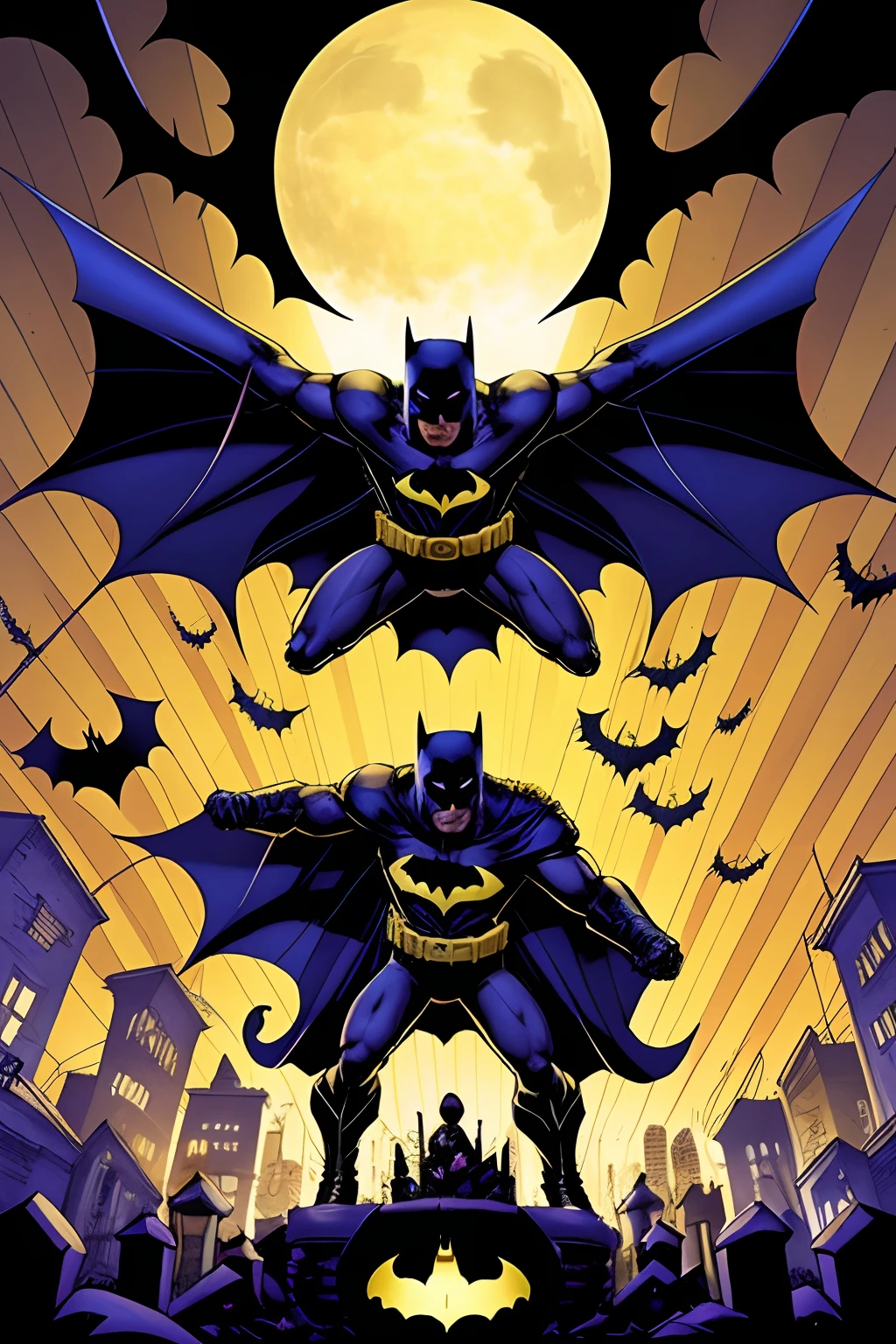 Batman no dia do Halloween, com bruxas, morcegos, aboboras iluminadas com velas por dentro, zumbis, fantasmas, tudo que existe numa festa de Halloween