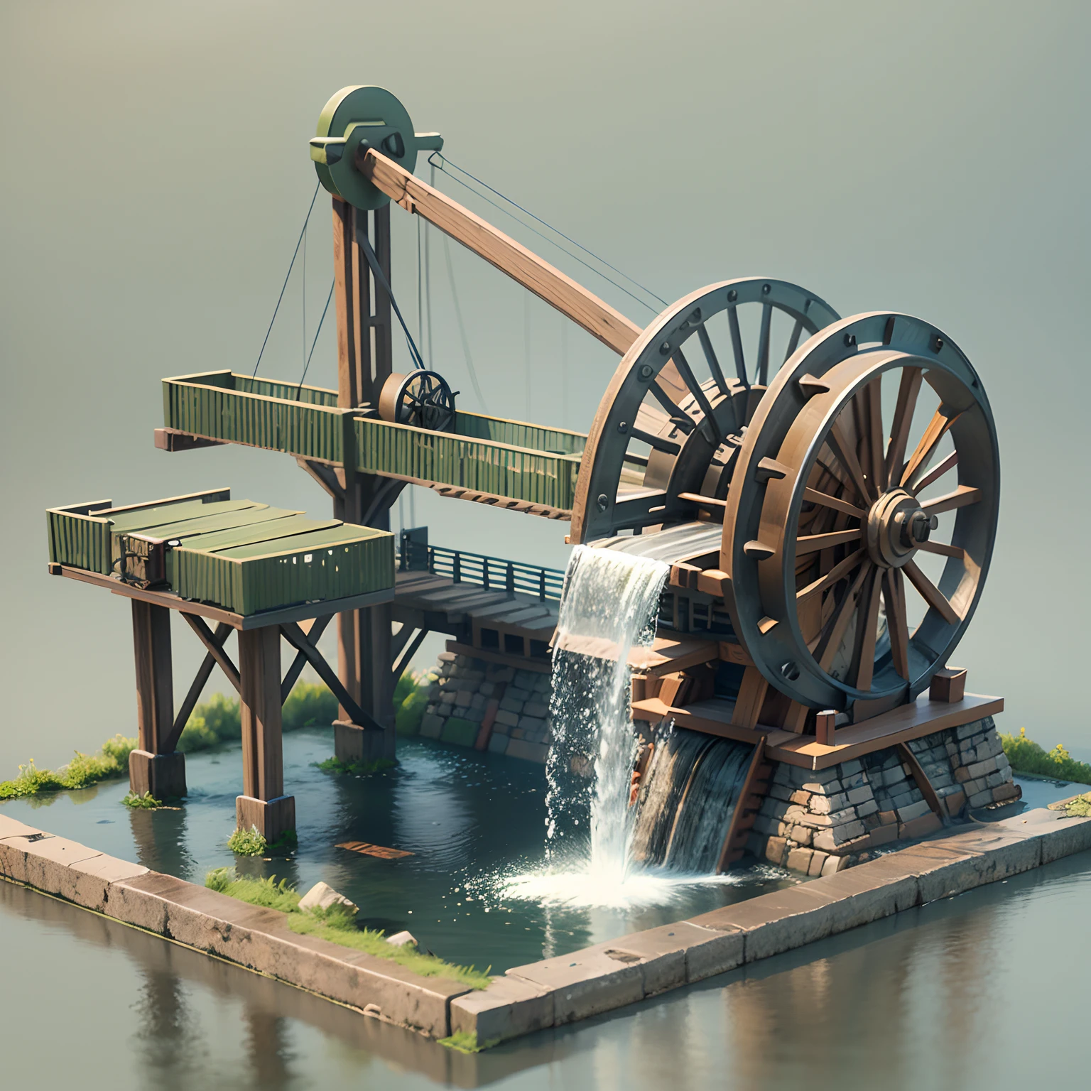 water wheel waterfall water pump and generator 3d drawing --auto --s2