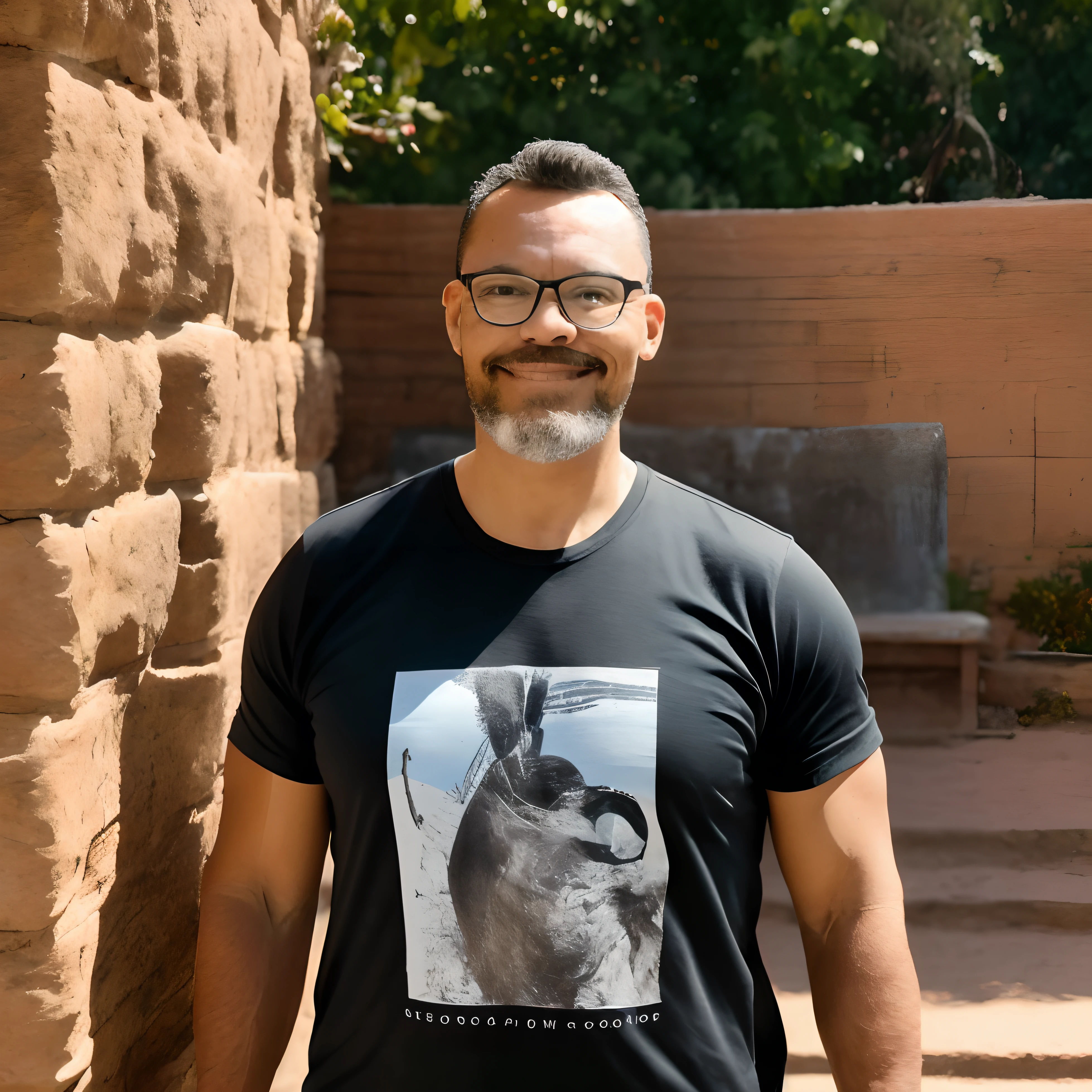 guttojugg1, Portrait photo of a muscular, bearded, bespectacled guy with a discreet and friendly smile in a black t-shirt, with clear bokeh, intricate details, a rock guitar print on the shirt, with a torn edge, creating a stylish and sharp focus. The photo is credited to Greg Rutkowski and uses soft lighting with vibrant colors, making it a masterpiece. The background resembles a post-apocalyptic desert, focusing on the face with a detailed view with 1.2x zoom.