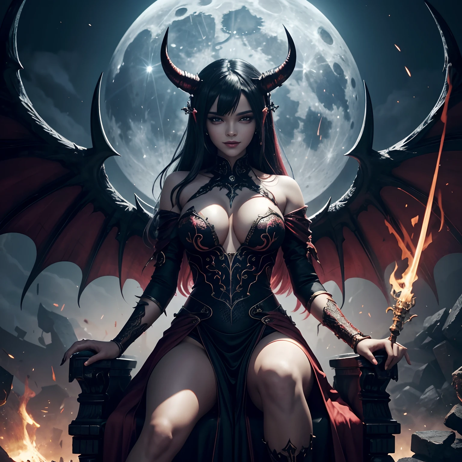 Ultra detailed Rihana as Satan on the Throne of Hell, ela-diabo, Sexy Red Long Demon Wings Dress, demon horn, olhos realistas detalhados, Context of the chaos of hell and destruction, staring directly at camera, Smiling with satisfaction, unhas pretas compridas, Shaded illustration of a high quality cell in hell, Corpo inteiro, dynamic installation, anatomia perfeita, Centrado, liberdade, alma, Approach to perfection, cell-shading, 8k , cinematic dramatic atmosphere, pintura em aquarela, global ilumination, ambiente detalhado e intrincado, art-station, Arte conceitual, smooth and sharp focus, volumeric lighting, Kinematic lighting, Full Moon Night Background Scenery