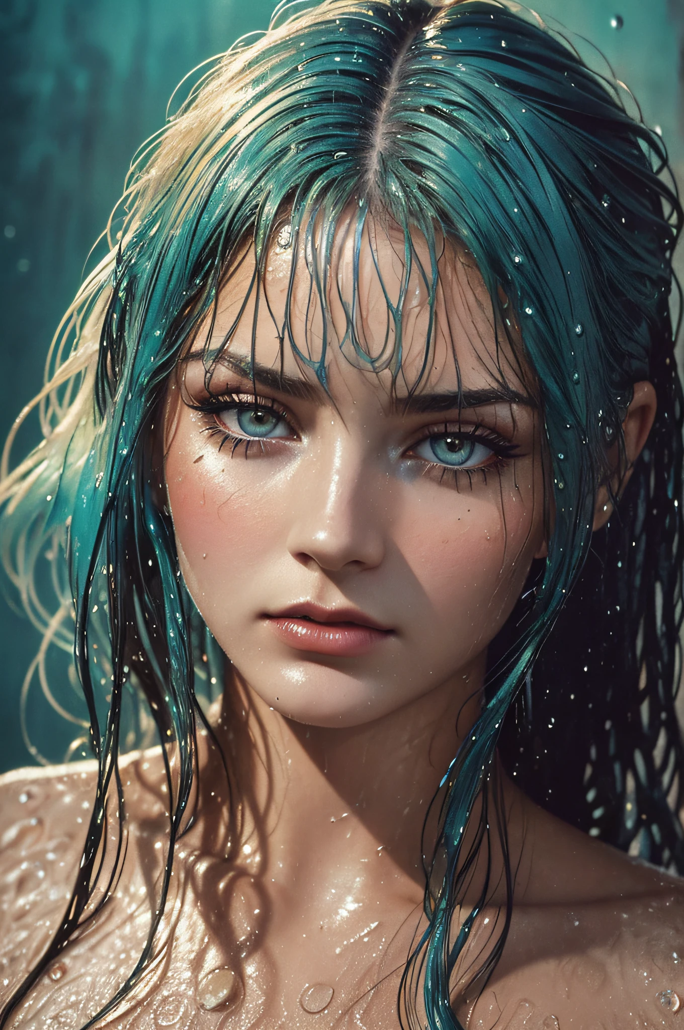 ultra detailed lomography portrait shot of a woman with wet ((hair combed back)), wet skin, very bold fashion makeup, water drops, extremely detailed skin texture, (vignette:1.5), grainy texture, old photo, (vintage colors:1.5), shot by Mschiffer