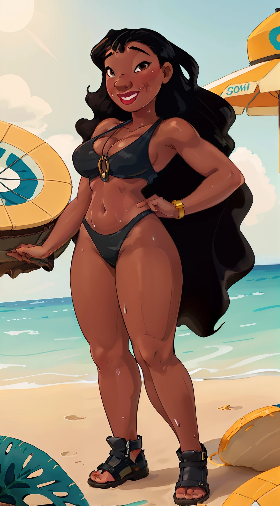 Stunningly sexy ebony curvy muscular naniwaifu:1 in a strip mini_bikini black_skin, sweating, happy, standing on a beach, commission for high res, at the beach, at a tropical beach, on a sunny beach, sexy ebony girl, full body portrait of a short!, golden hour, beautiful detailed