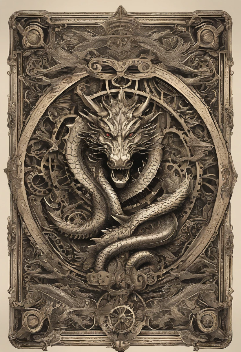 mythology, 3d  dragon slayer design for back of playing cards, black and white, shadows