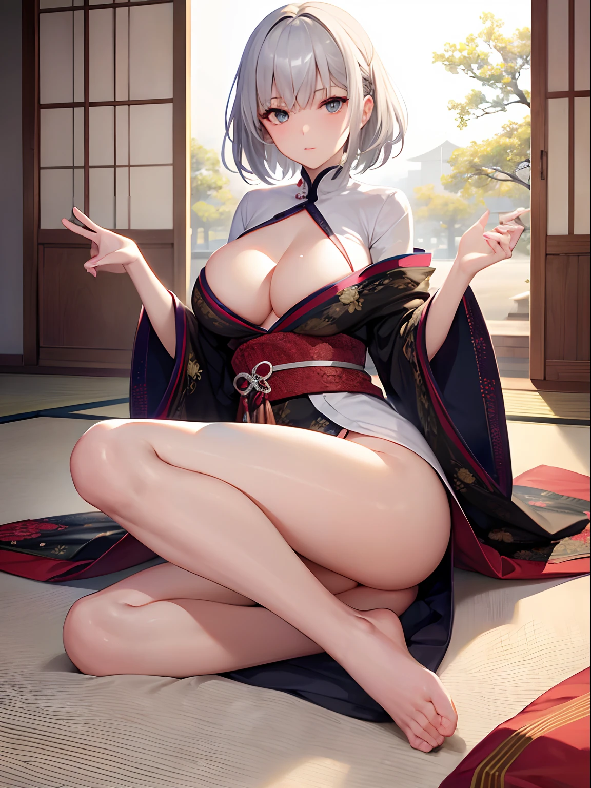 High quality, cool beauty, beauty, adult atmosphere, beautiful silver hair, short hair, bangs, Russian-style beauty, beautiful legs, tight beautiful breasts, topless, solo, breasts, Japanese clothes, Japanese clothes, kimono, large breasts, cleavage, no panties,
