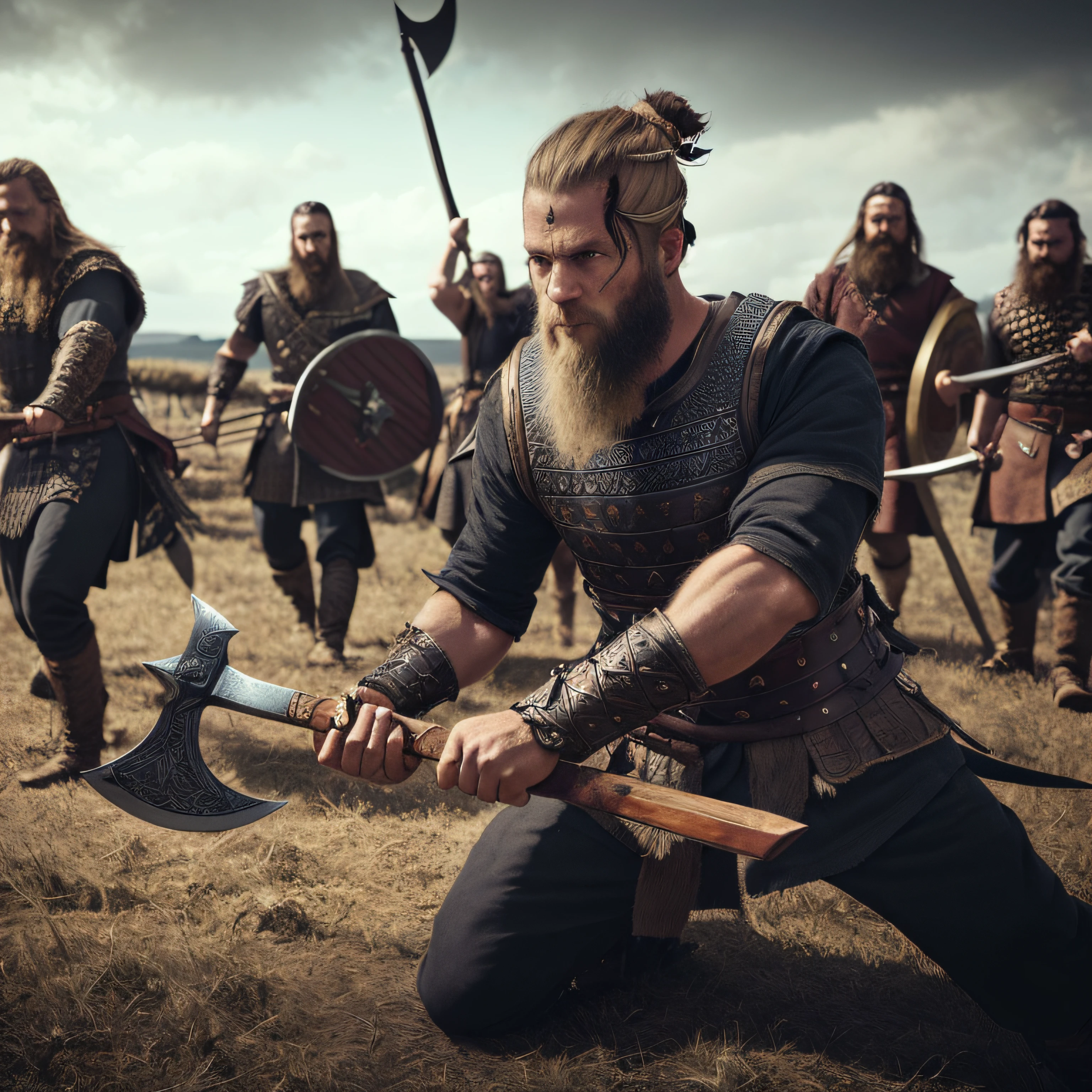 Arafed viking com uma longa barba e uma barba segurando um grande machado, Cultura Viking, an epic viking battle scene, viking and templar aesthetics, estilo viking, Guerreiro viking antigo, guerreiro viking, VIQUINGUES, epic viking king, norse warrior, traje viking, usando roupas VIQUINGUES, wielding an axe on each hand, armadura viking, wearing norse armor, Rei Viking