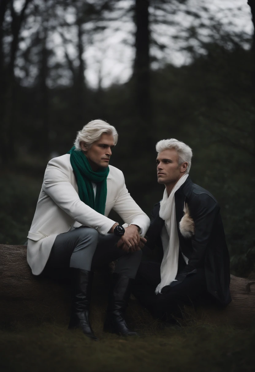 A somber scene where there is a man with white hair and green eyes, sitting in a fetal position in the midst of complete darkness, wearing a blue scarf, white cardigan, black pants, a patch over their left eye, and black boots, with wolf ears and tail. Standing near the person is another man who has shoulder length blonde hair, a white jacket with gold detailing, grey pants, and black boots with gold detailing, and they're reaching out a hand for the sitting person to take. A single spotlight is shone on them