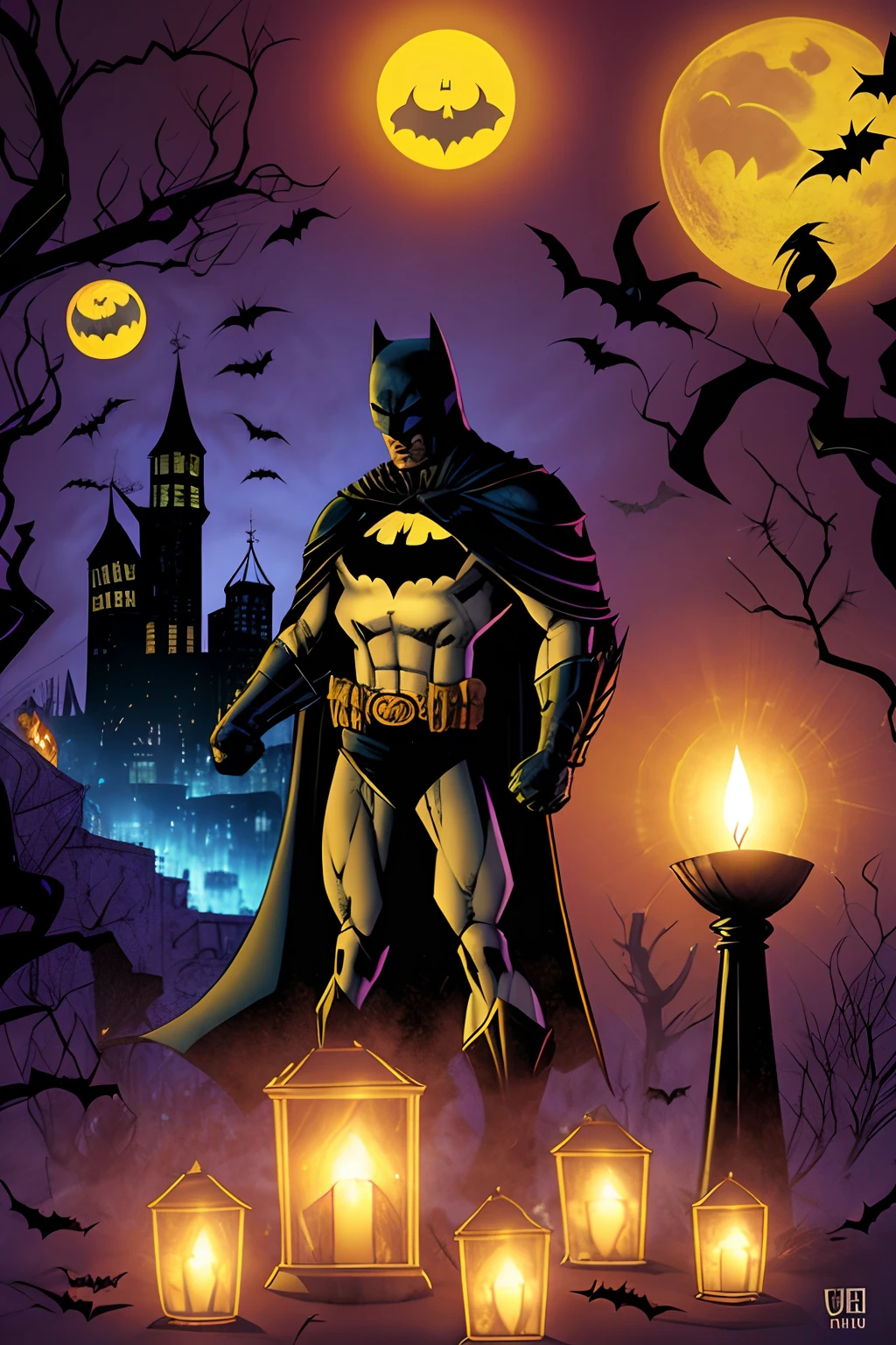 Batman no dia do Halloween, com bruxas, morcegos, aboboras iluminadas com velas por dentro, zumbis, fantasmas, tudo que existe numa festa de Halloween