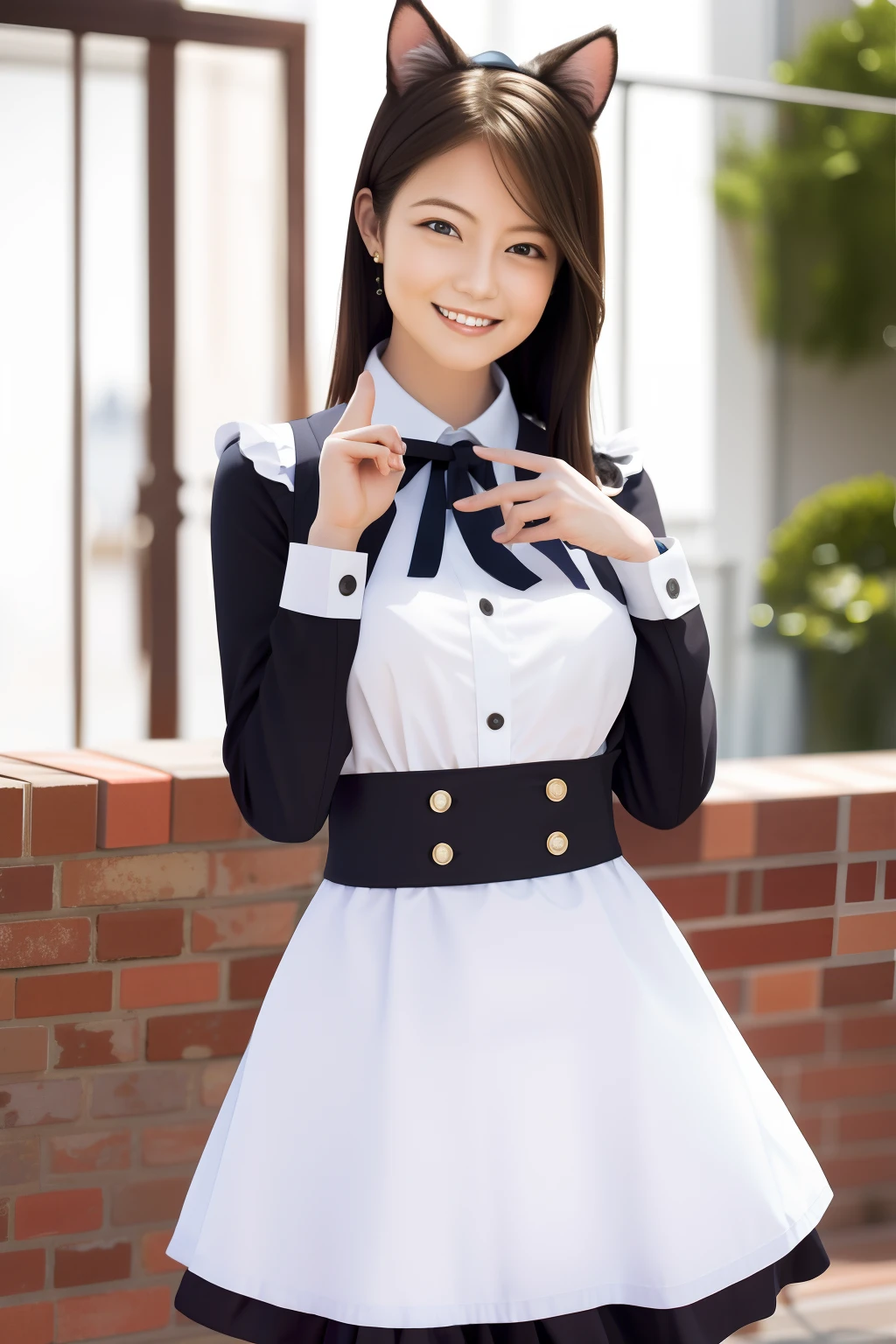 best qualtiy, tmasterpiece, 1girll, beauitful face, (photos realistic:1.3), edge lit, (highdetailskin:1.2), 8K UHD, dslr camera, hightquality, hight resolution, 4K, 8K, Bokeh, absurderes, optimal ratio of four fingers and one thumb, (realisticlying:1.3), pretty 1girl, wearing a maid outfit, medium breasts, falda corta,Playful and cute,Good looking pose,Cat ears,dyna,Wink、爆乳