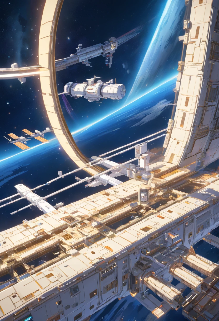 Ivory white and gold-plated space station,Such as StarCraft prototypes, A circular flying in the sky at night, Dark ( Space station ), scifi space station, cartoon fantasy space station, futuristic space station, alien space station flying in space, space station far on the background, A space station in dark space, futuristic space station, detailed space station, space station, space station in space, legendary space station, big weird space station, small space station near