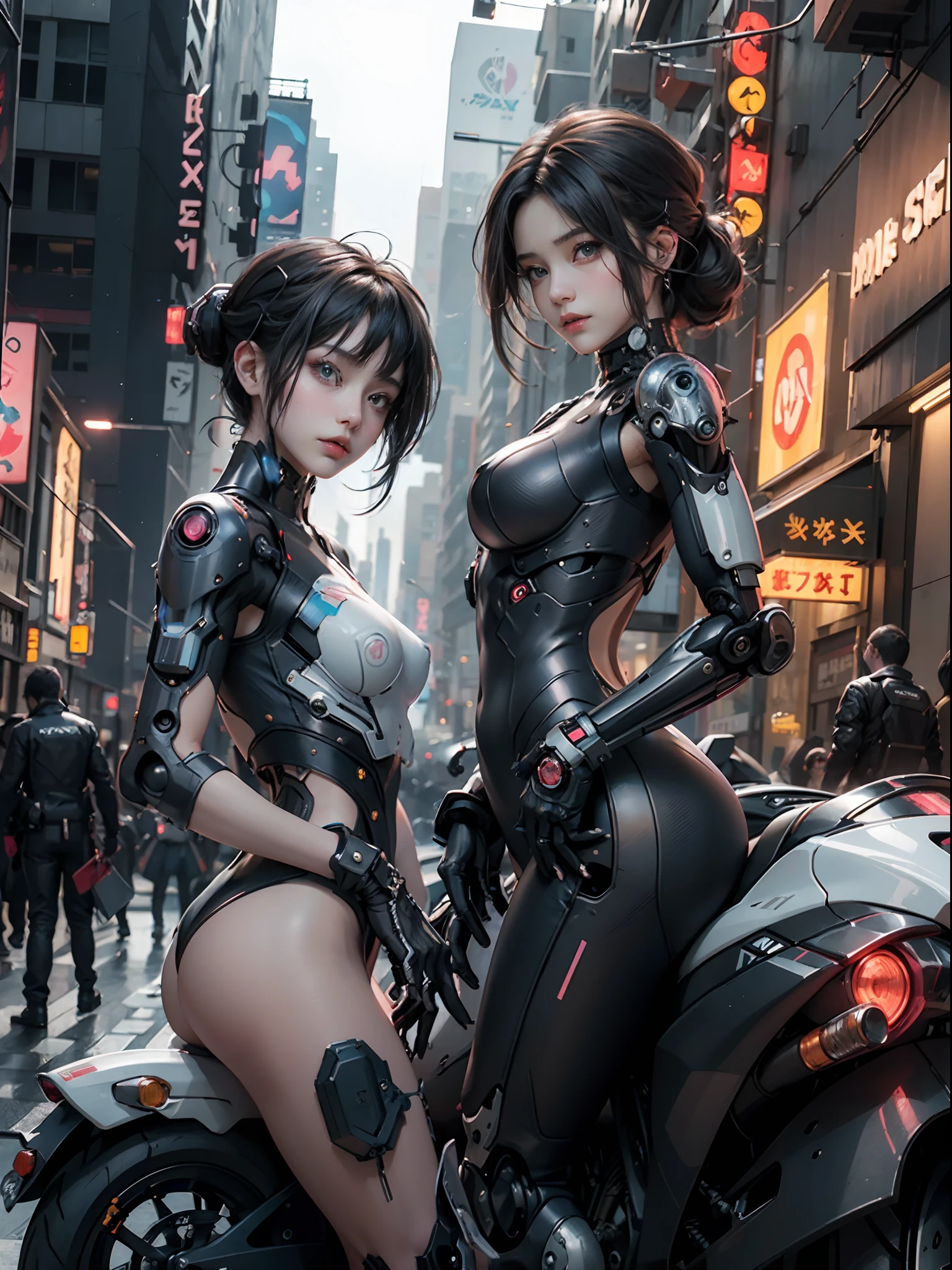 ((2 Cyberpunk girls together posing in front of a motorcycle)), (wearing colorful Harajuku clothing), cyberpunk city background, cute cyborg girl, beautiful white girl cyborg, wlop. scifi, oppai cyberpunk, perfect android girl, beautiful girl cyborg, perfect anime cyborg woman, smooth digital concept art, girl in mecha cyber armor, gynoid cyborg body, cyberpunk anime girl mech, cyborg girl, NSFW