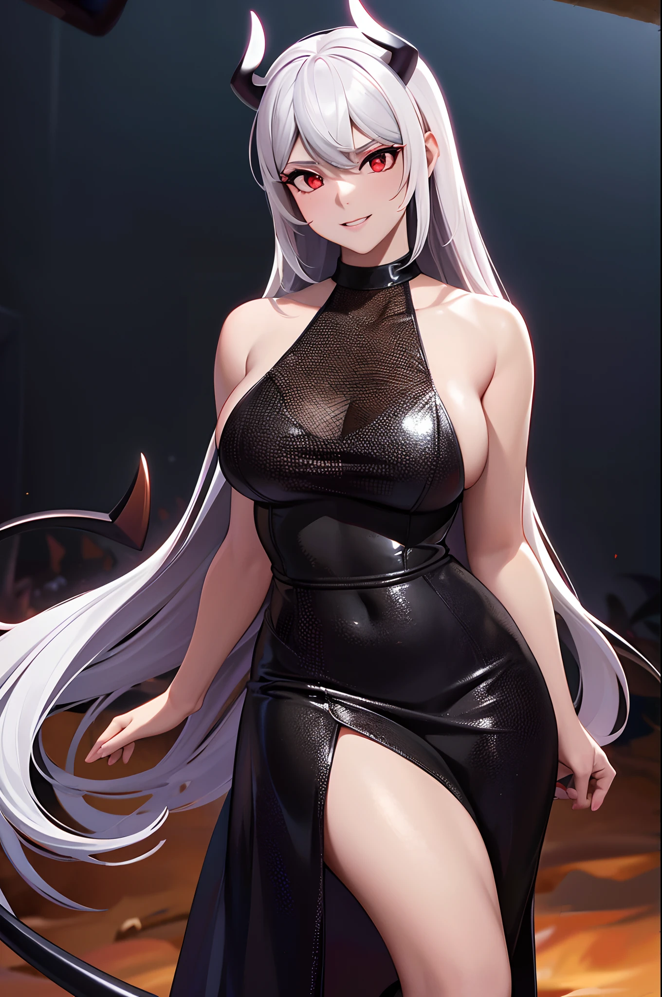 Create the realistic image of a demon in the middle of a burning desert, ele segura uma espada negra e seus chifres brilham como ouro, This demon is a very beautiful woman.