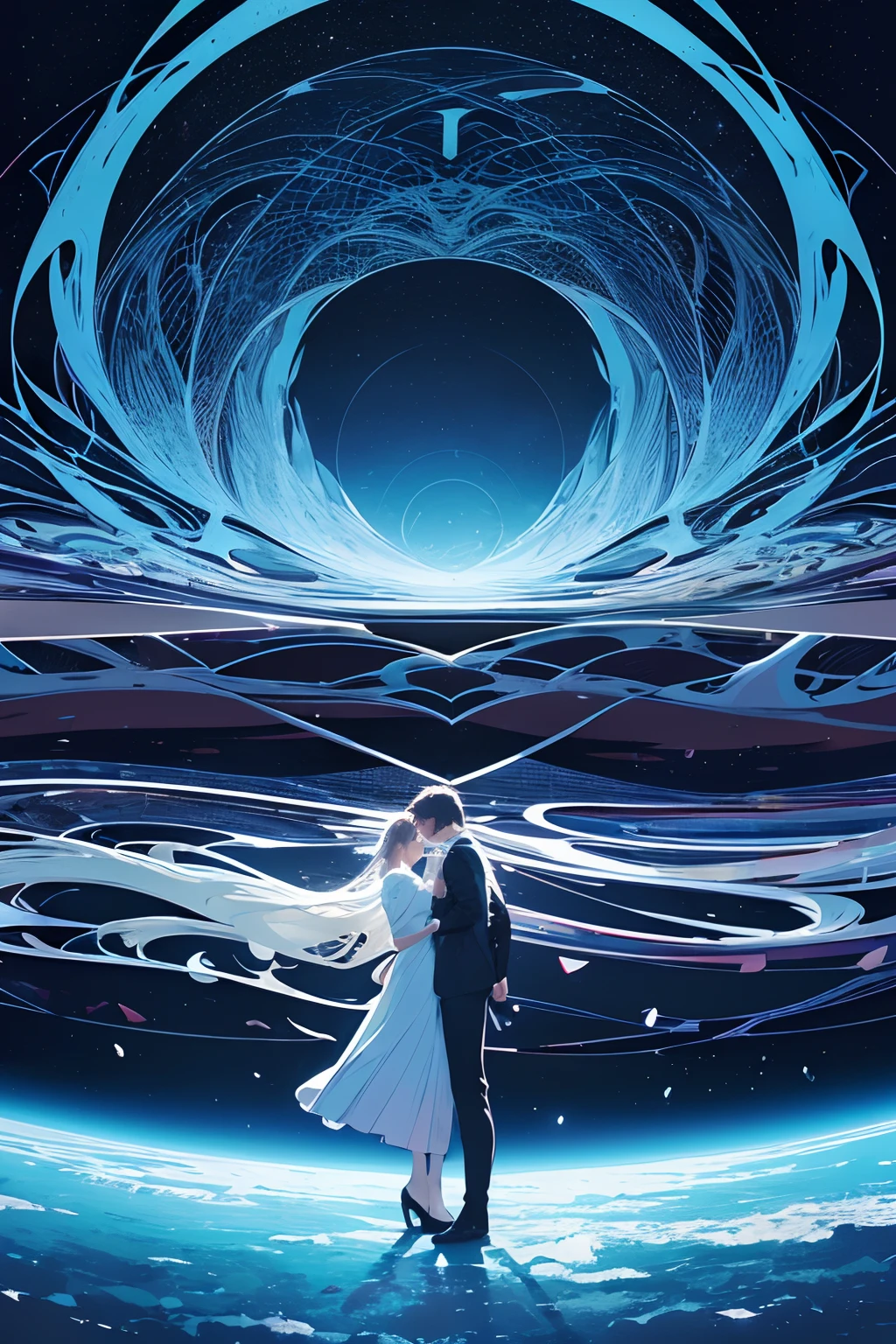 (((masterpiece))), (best quality, ultra-detailed), abstract, surreal, Invisible threads of emotion, weaving hearts together in desire and vulnerability, where whispers become sonnets and glances paint a canvas of unspoken longing, 3d renders, vector arts, wide shots, 8k, hd, dreamy, landscape, couple side by side with some space between them and back to back pose, ((flat colors)), ((vector art)), surreal, silk fabric