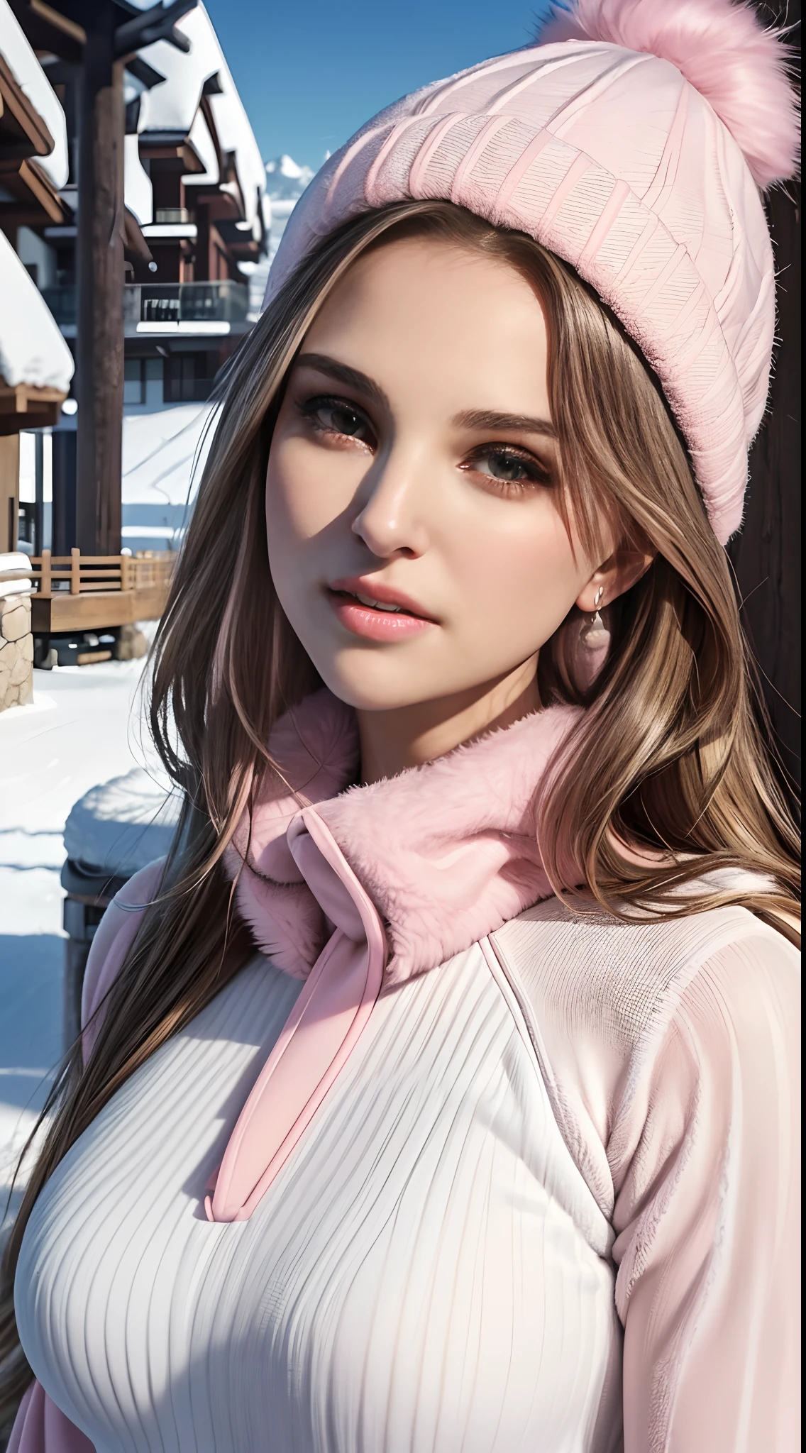 masterpiece, a close up of 1 beautiful girl ,((( Natalie Portman: Charlize Theron: 0.6))) detaileds, top-quality, 超A high resolution, (Realistis: 1.4), OriginalPhotographs, 电影灯光, A smile, Asian Beauty, very extremely beautiful, Slightly younger face, Beautiful skins, slender, (A hyper-realistic), (hight resolution), (8K), (ighly detailed), (The best illustrations), (beautifully detailed eyes), (ultra-detailliert), (wall-paper), (详细的脸), looking at the viewers, fine detailed, A detailed face、pureerosfaceace_v1、46-point diagonal bangs、(beautidful eyes:1.5)(Photorealsitic:1.5)、Raw foto、1girl in、deep-shadows、Posing、spoiled appearance、(Okappa:1.5) Super Detail, Textured skin, tre anatomically correct、masutepiece、(At a ski resort in the snowy mountains:1.5)、(Wear white and pink winter furry ski wear:1.5)Knitted hat with earpiece、Ski Gloves、(In the whole body diagram:1.2)