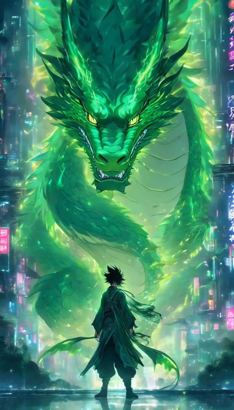 China style,中景 the scene is,Cyberpunk style,The handsome boy stood in front of a huge transparent hovering green dragon,reaching out her hands,Long messy hair,Glow effect,Hyper-realistic,Ultra photo realsisim,Chinese black and white ink style,Silver,Decolorization,Smudge,Inky,8K,super-fine,high qulity,OC renderer