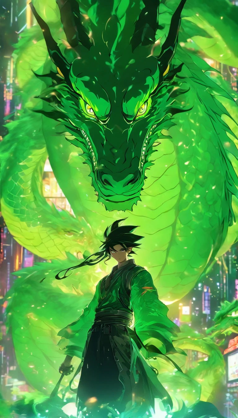 China style,中景 the scene is,Cyberpunk style,The handsome boy stood in front of a huge transparent hovering green dragon,reaching out her hands,Long messy hair,Glow effect,Hyper-realistic,Ultra photo realsisim,Chinese black and white ink style,Silver,Decolorization,Smudge,Inky,8K,super-fine,high qulity,OC renderer