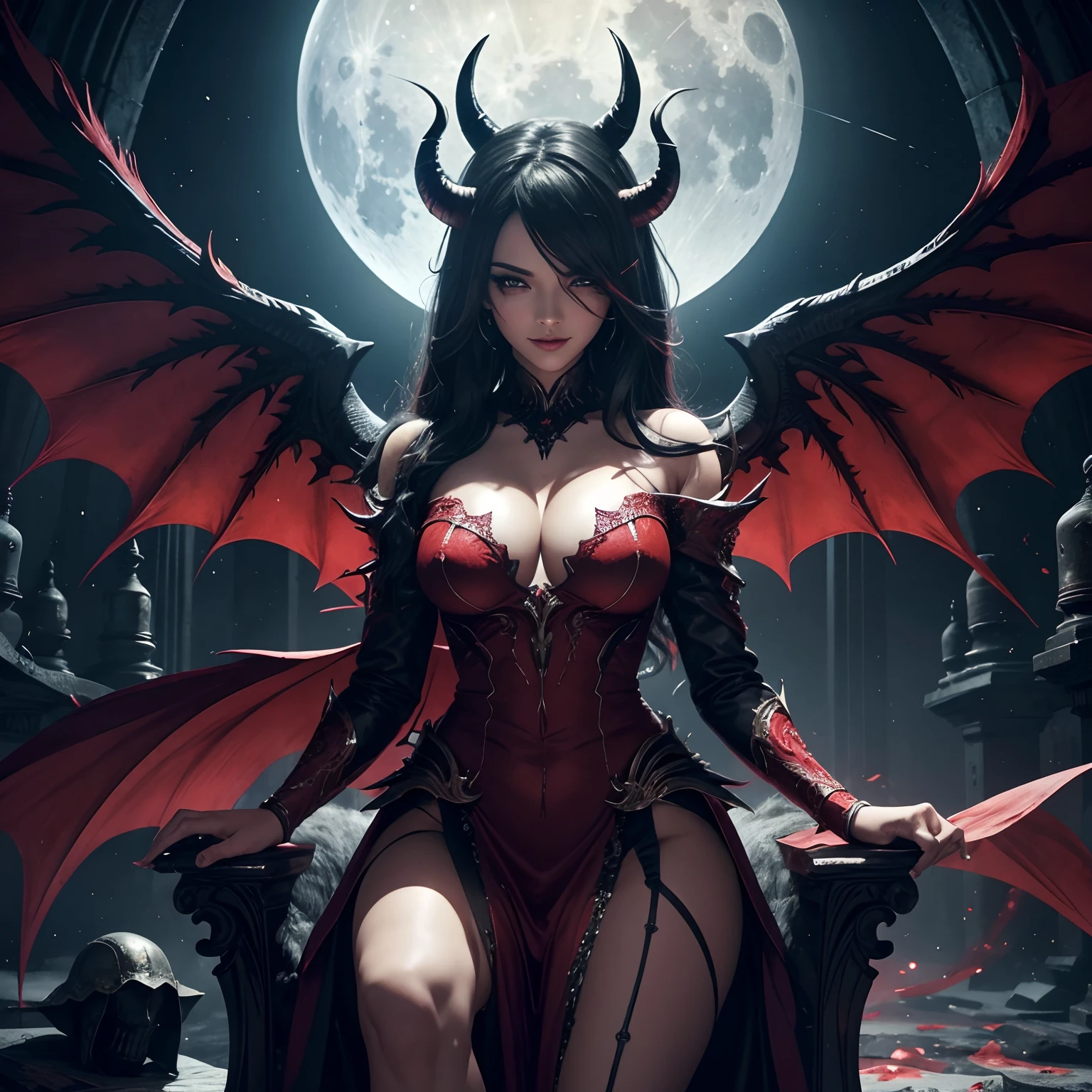 Ultra detailed Rihana as Satan on the Throne of Hell, ela-diabo, Sexy Red Long Demon Wings Dress, demon horn, olhos realistas detalhados, Context of the chaos of hell and destruction, staring directly at camera, Smiling with satisfaction, unhas pretas compridas, Shaded illustration of a high quality cell in hell, corpo inteiro, dynamic installation, anatomia perfeita, Centrado, liberdade, alma, Approach to perfection, cell-shading, 8k , cinematic dramatic atmosphere, pintura em aquarela, global ilumination, ambiente detalhado e intrincado, art-station, arte conceitual, smooth and sharp focus, volumeric lighting, kinematic lighting, Full Moon Night Background Scenery,comando mudar a cor da roupa pra vermelho