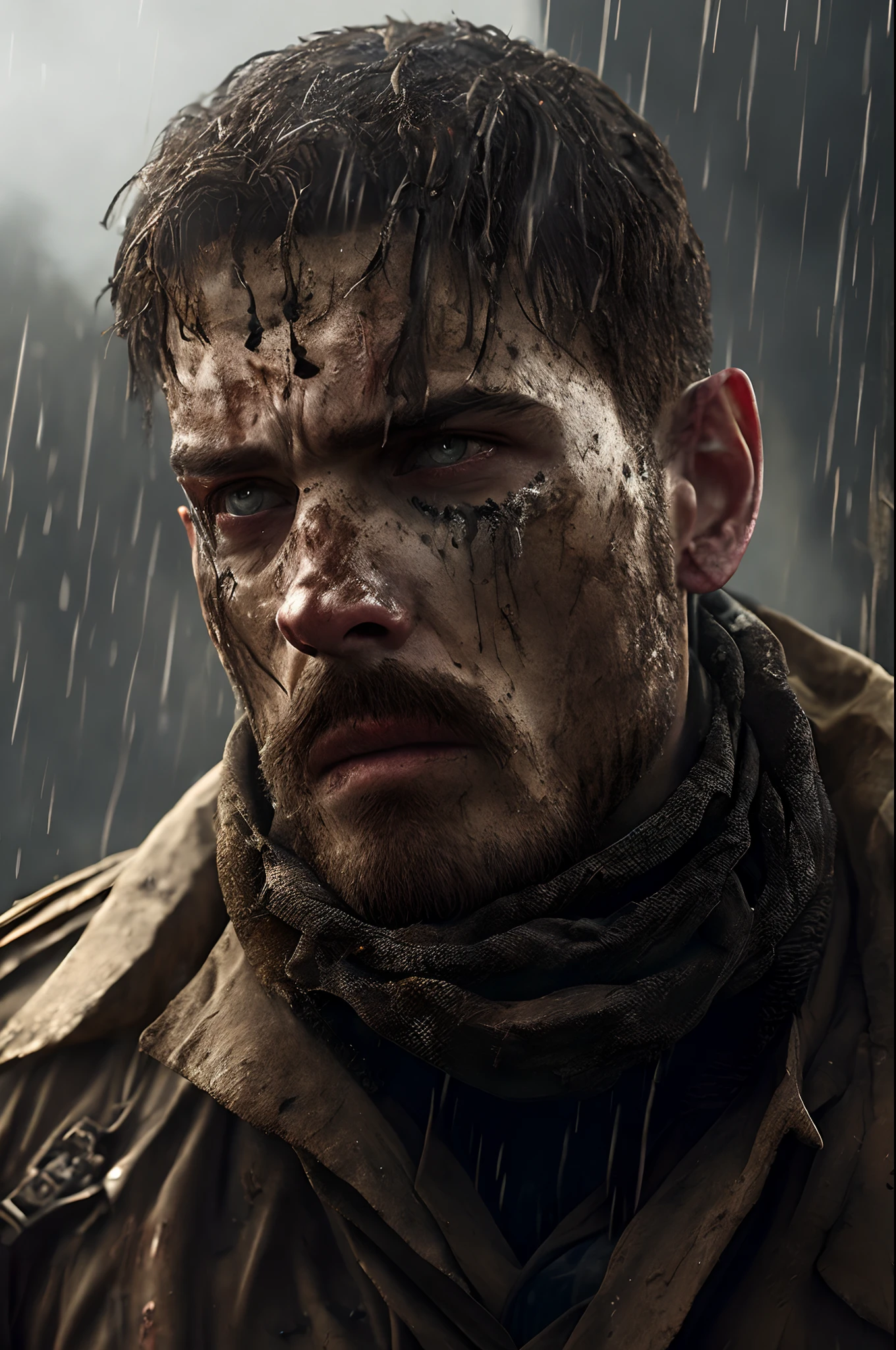 (best quality,4k,highres,masterpiece:1.2),ultra-detailed,realistic,traumatized male soldier, male, man, solo,on his knees, looking up to the sky, bleak expression, emotionless, rain, face covered in blood, rainy, heavy rain,detailed eyes,detailed lips,extremely detailed face,tears streaming down face,messy short hair,stubble beard,covered in dirt and blood,dark and gloomy atmosphere,creepy shadows in the trench,dramatic lighting,dirt and mud splatters on clothes,trench walls covered in graffiti and bullet holes,muddy ground,limited view of the outside world,barbed wire fence in the distance