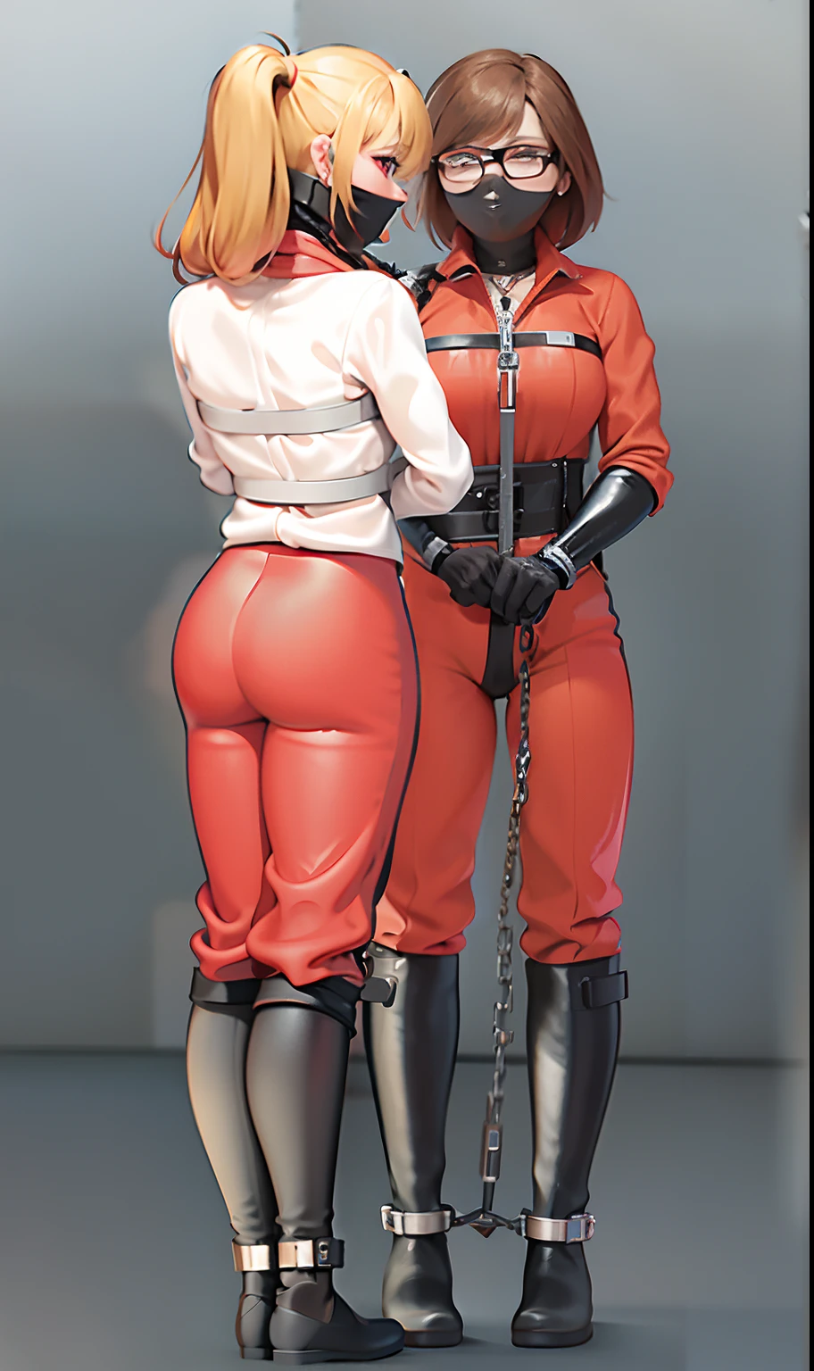 two women in orange jumpsuit and black leather harness are tied up to chains, commission for high res, fullbody commission for, orange prison jumpsuit, gentle femdom, gordon freeman as a woman, commission, commission for, with prison clothing, oc commission, rubber boots style, restrained, dominant pose, dominatrix, ((restrained))