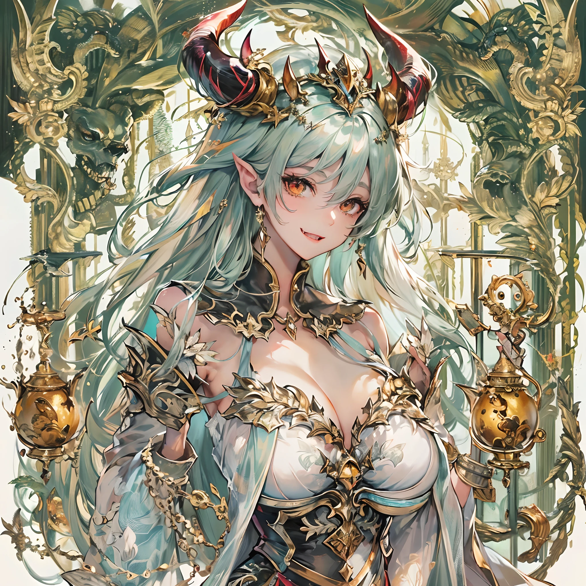 ((Finest quality)),(超A high resolution),(ultra-detailliert),(Meticulous portrayal),((Best Anime)),(Finest works of art),sharpnes,Clair, (Fantasyart:1.5), (One Devil:1.8),greed:1.5,arrogant:1.5,brutality:1.5,Confident々,Glamorous Body,cleavage of the breast:1.3,Invincible smile:1.1,thighs thighs thighs thighs:1.1,The tattoo:1.4, Backgrounds with depth,Gold and silver treasures,treasured sword,diadems,Gorgeous,chandeliers