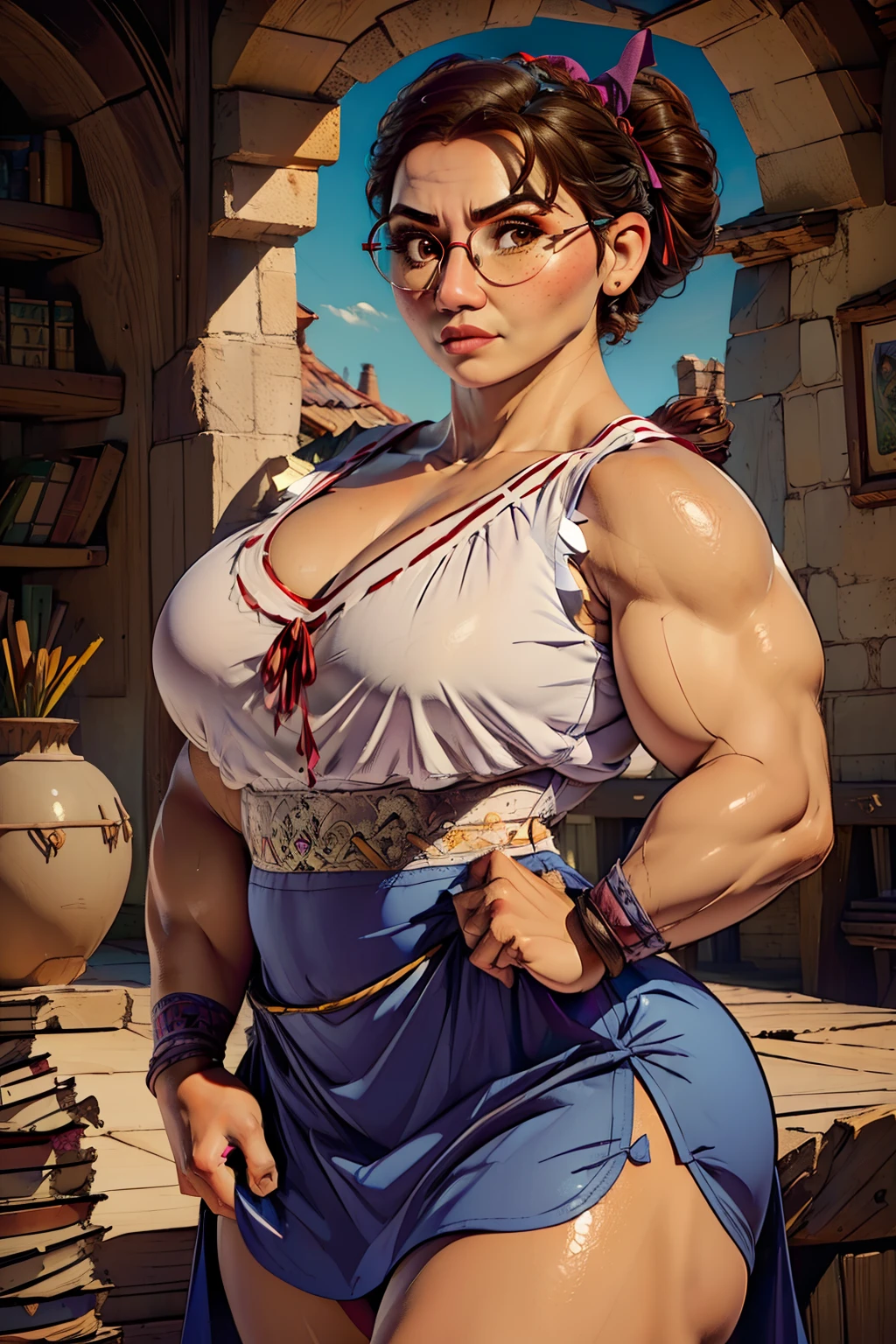 (((Luisa Madrigal from Disney's Enchanto))), toned skin, muscular, wide shoulder, (((wearing a glasses))), ((perfect thighs)), (((sleeveless shirt))), photorealistic, ((cleavage)), masterpiece, pencil skirt, library interior,