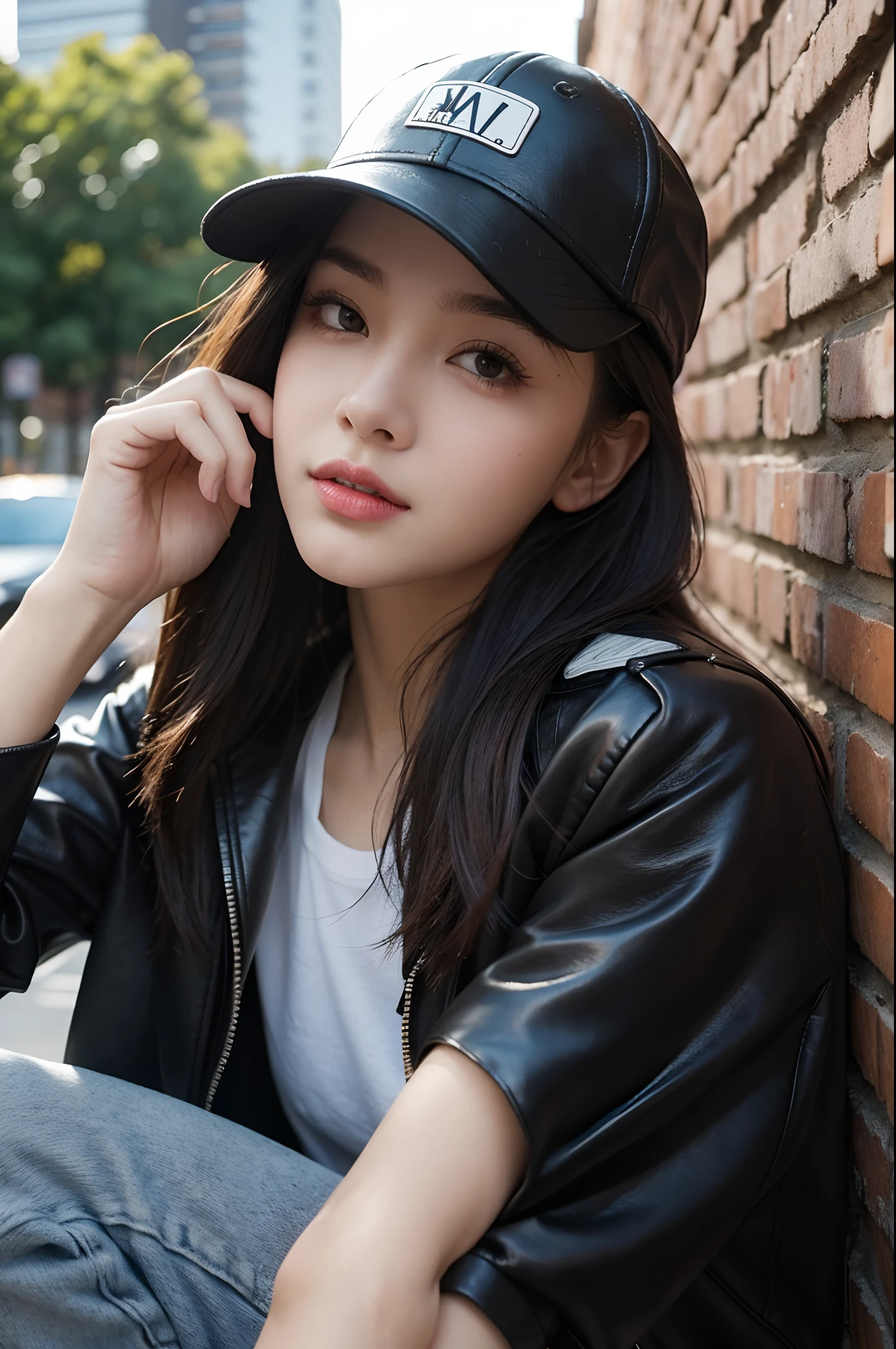 "Generate an image of a young woman in a stylish cap. She wears a backwards cap, that gives a relaxed touch to your look. Her hair flows naturally and a few strands come out from under her cap. She is wearing a black leather jacket with a zipper, ripped jeans and high-top sneakers. Makeup is minimalist, enhancing its natural beauty. She's in an urban environment, With tall buildings and brick walls in the background. Late afternoon light casts soft shadows, criando um visual casual e descolado."