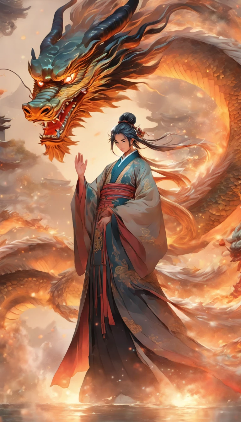 China style,中景 the scene is,The Taoist priest stood in front of a huge transparent dragon,reaching out her hands,Long messy hair,Glow effect,Hyper-realistic,Ultra photo realsisim,Chinese black and white ink style,Silver,Decolorization,Smudge,Inky,8K,super-fine,high qulity,OC renderer