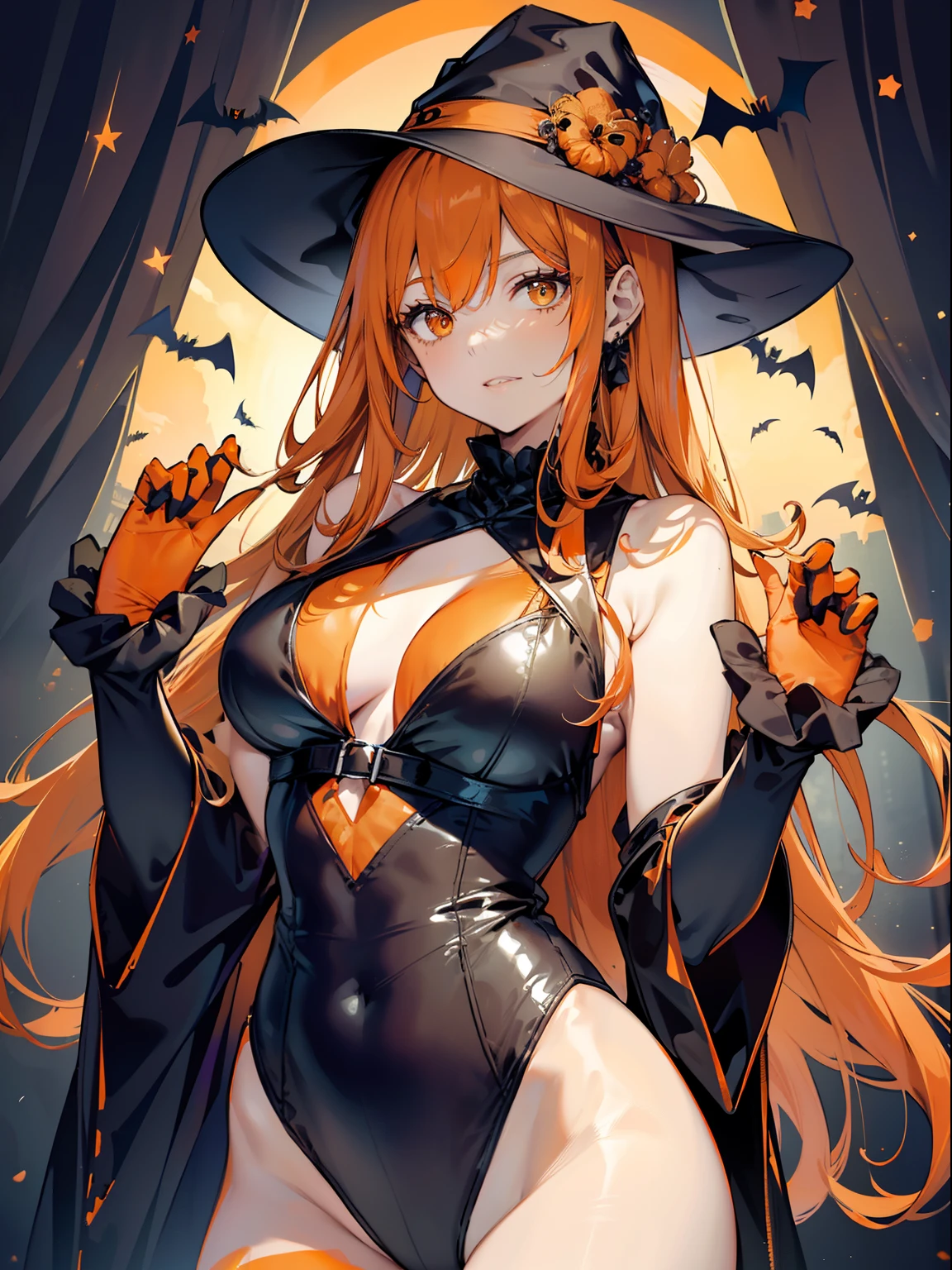 top-quality、Full limbs、complete fingers、One beautiful woman、Beautiful Large Breasts、orange color hair、straight haired、Halloween Party、(((Woman in black and orange Halloween style leotard)))、Halloween Cosplay