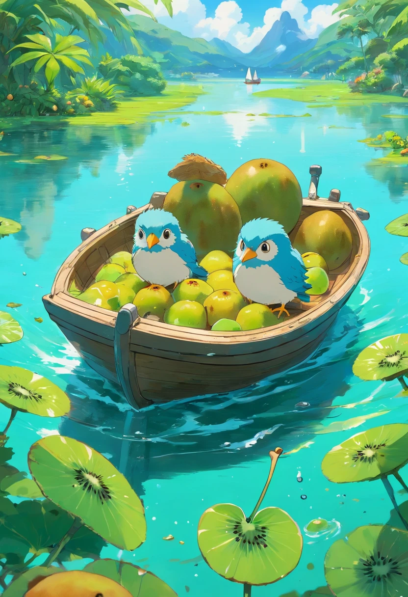 two kiwi birds on a clear boat in a lagoon, with water filled with kiwi fruits