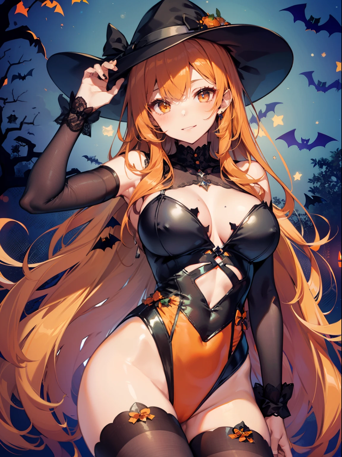 top-quality、Full limbs、complete fingers、One beautiful woman、Beautiful Large Breasts、orange color hair、straight haired、Halloween Party、(((Woman in black and orange Halloween style leotard)))、Halloween Cosplay、Naughty Poses、Naughty face