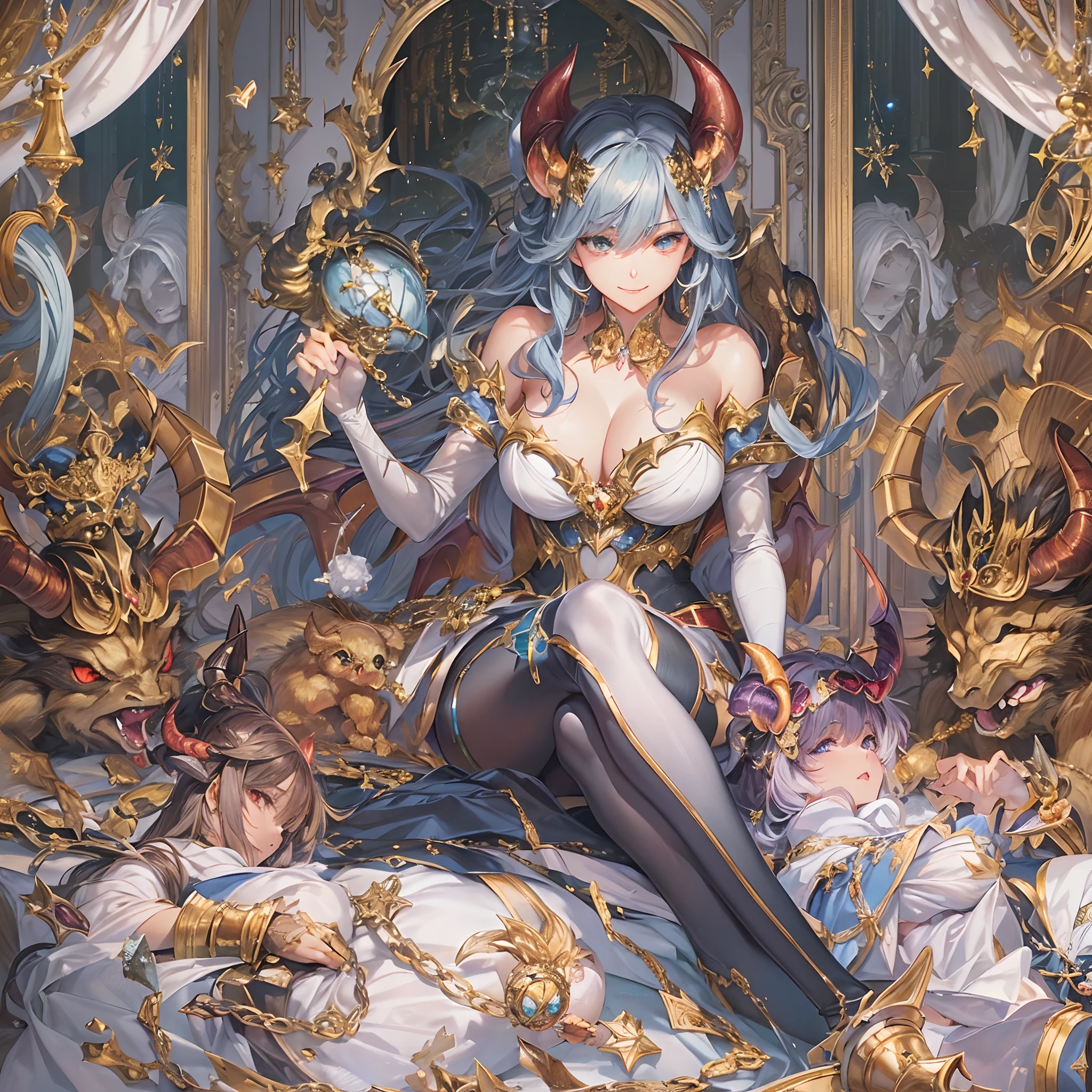 ((Finest quality)),(超A high resolution),(ultra-detailliert),(Meticulous portrayal),((Best Anime)),(Finest works of art),sharpnes,Clair, (Fantasyart:1.5), (One Devil:1.8),greed:1.5,arrogant:1.5,brutality:1.5,Confident々,Glamorous Body,cleavage of the breast:1.3,Invincible smile:1.1,thighs thighs thighs thighs:1.1,The tattoo:1.4, Backgrounds with depth,Gold and silver treasures,treasured sword,diadems,Gorgeous,chandeliers
