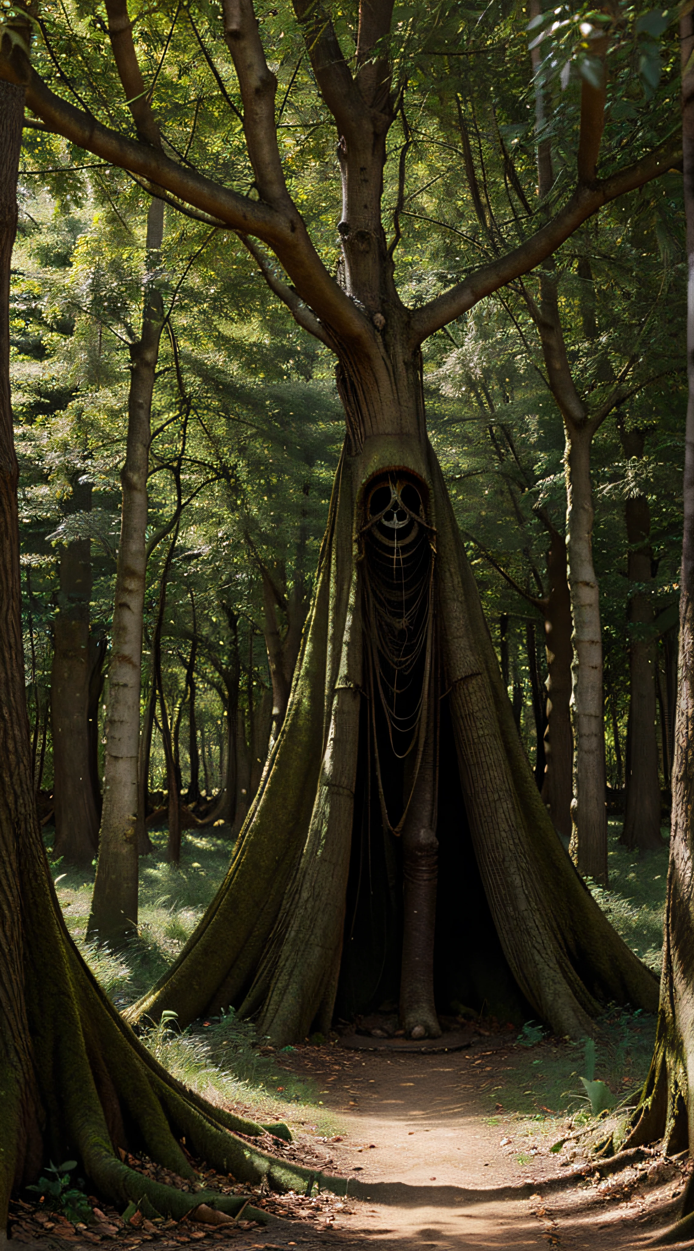 mysterious tree with eyes in old maze in a mysterious forest