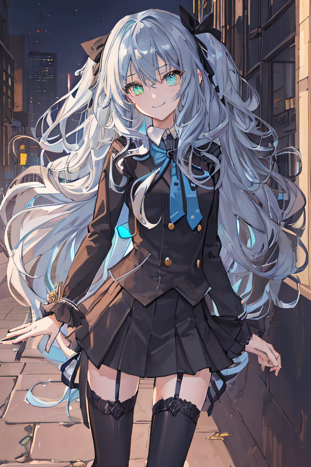 city background,original,(illustration:1.1),(best quality),(masterpiece:1.1),(extremely detailed CG unity 8k wallpaper:1.1), (colorful:0.9),(mid shot:0.95),(highly detailed beautiful face and body),(solo:1.2), (girl),(((adult))), (detailed beautiful eyes:1.15), (beautiful face:1.15), (glowing green eyes:1.25////),((jewel-like eyes)),(petite),(cute girl),(((blue long hair))),((blue long hair)),(wavy hair),((wavy hair)),(+perfect hand+:1.21),(gothic school uniform),(Religious),(slender),(black clothes),(gothic ribbon),ribbon tie,small breasts,miniskirt,gothic boots,black thighhighs,slim body,(evil smile),detailed background,city street,eluding,erotic thighs,