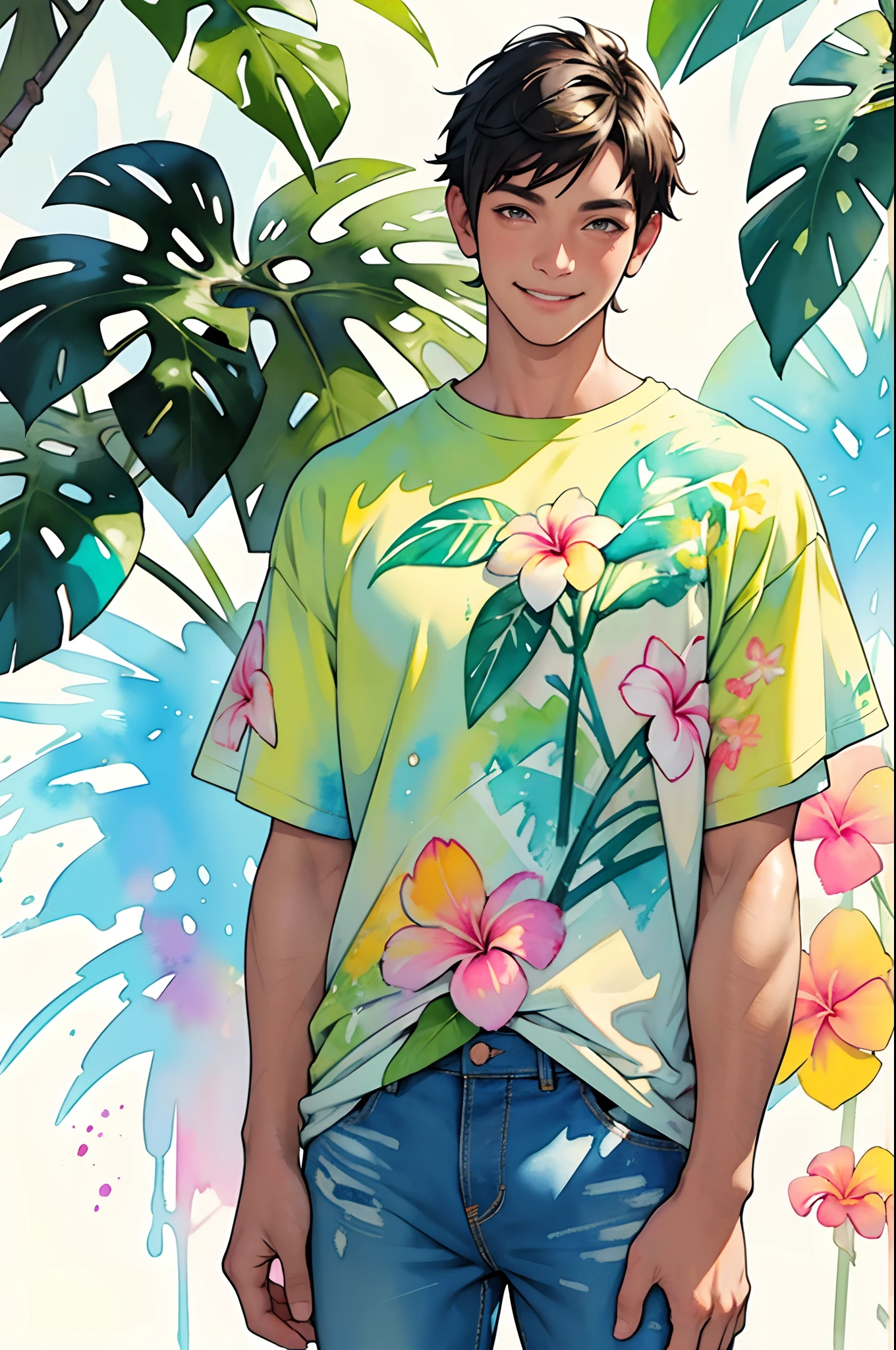 a Plumeria painting with a splatter background and tropical effect, plumeria flower design t-shirt and jeans, man upper body centered, multi-color hair, big happy smile, watercolor art, watercolor painting, watercolor painting style, watercolor detailed art, watercolor digital painting, watercolor paint, masterfully detailed watercolor, watercolor art