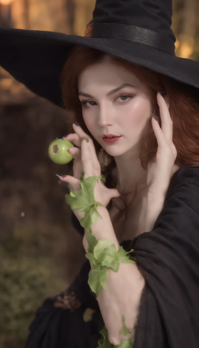 ( 8K, awardwinning, Best Quality), High Definition, Super Detail, high detailing, Anatomically correct, Perfect illustration, (masutepiece: 1.3), (Witch of the Poisoned Apple:1.8), (Bring the green liquid to a boil in a large saucepan:1.1),black robes, Triangle has, sexy face Plot something、Detailed hand、Detailed sexy claw like fingernails 、(young women:1.8)、