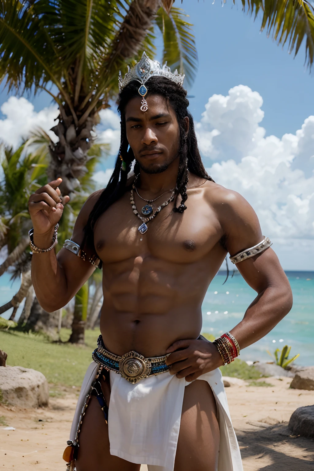 Scene:
The image depicts a commanding black man, embodying the orisha Oxaguian. He stands tall, exuding a majestic and powerful presence.
Attire:
Oxaguian is dressed as a divine warrior. He wears a white linen robe adorned with silver details. The robe is long and flowing, creating a sense of movement. His attire is embellished with sacred symbols and intricate designs representing his imagination.
Ornaments:
Oxaguian wears elaborate ornaments. He adorns a majestic crown on his head, made of silver and precious stones. His crown is decorated with white feathers from exotic birds, symbolizing his connection with nature. Around his neck, he wears a necklace made of white beads, cowrie shells, and blue corals, each carrying profound spiritual meanings. On his arms, he wears bracelets and bangles, also decorated with sacred symbols and cowrie shells.
Weapons:
In one hand, Oxaguian holds a powerful silver dagger, symbolizing his strength and prowess as a divine warrior. The dagger is adorned with intricate patterns and glows with a divine shimmer. In his other hand, he holds an ornamental silver shield, representing his protection for his devotees.
Facial Expression:
Oxaguian has a determined and serious facial expression. His eyes radiate ancestral wisdom and confidence. His mouth is closed, yet there is a sense of calm and authority on his face.
Background:
The background of the image can be a divine setting. It may include white clouds, sun rays piercing through the clouds, and a mystical aura surrounding Oxaguian to emphasize his representation.
