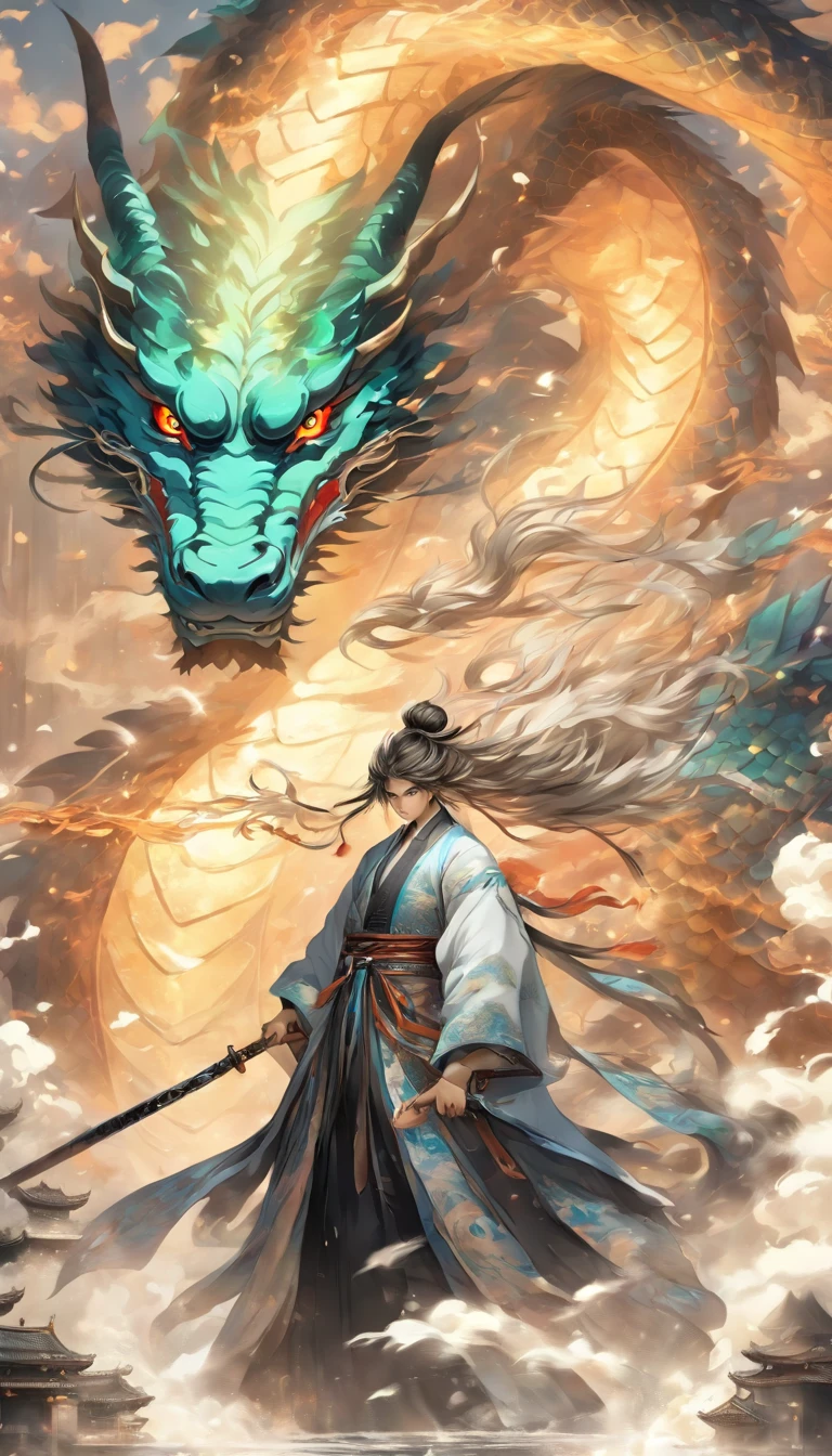 China style,中景 the scene is,The mechanical-style Taoist priest stood in front of a huge transparent dragon,reaching out her hands,With a sword in his right hand, he confronts the dragon,Long messy hair,Glow effect,Hyper-realistic,Ultra photo realsisim,Chinese black and white ink style,Silver,Decolorization,Smudge,Inky,8K,super-fine,high qulity,OC renderer
