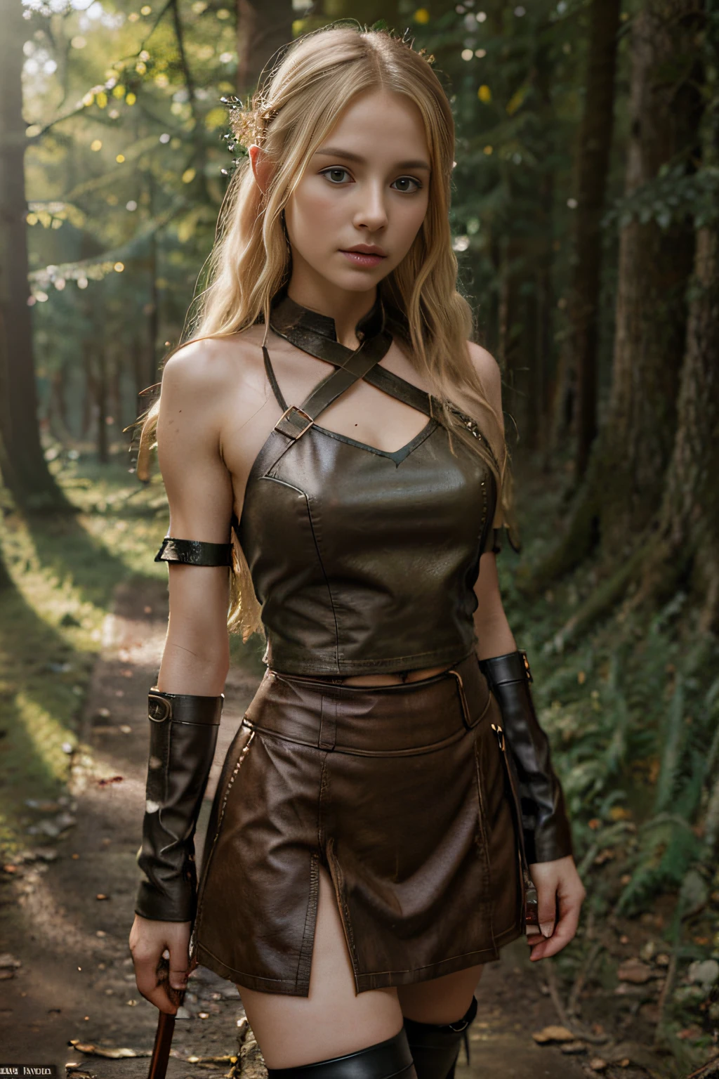 Russian girl 15 years old - elf archer in the forest (RPG),blonde curly disheveled hair, delicate features of a thin face, Fantasy,Tolkien,8K ,真实感, photo , Hi-Def, lifelike skin, , Without cosmetics, Knee-high photos, Long ass elven ears (Tolkien), Bow in hand, Incredibly fair skin, Leather order , Leather Leggings, Short fabric skirt,Wide leather strap with sheath,