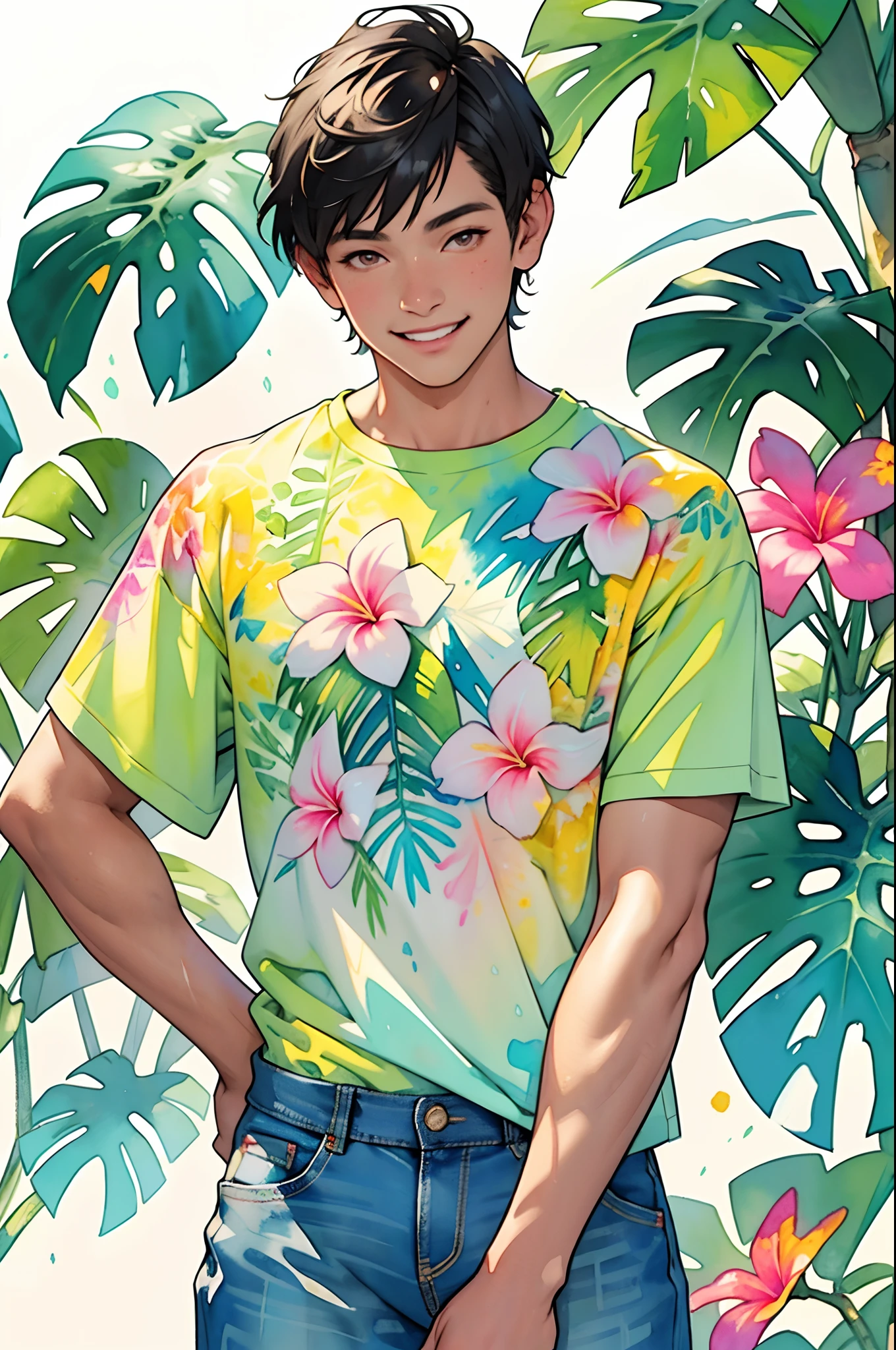 a Plumeria painting with a splatter background and tropical effect, plumeria flower design t-shirt and jeans, man upper body centered, multi-color hair, big happy smile, watercolor art, watercolor painting, watercolor painting style, watercolor detailed art, watercolor digital painting, watercolor paint, masterfully detailed watercolor, watercolor art
