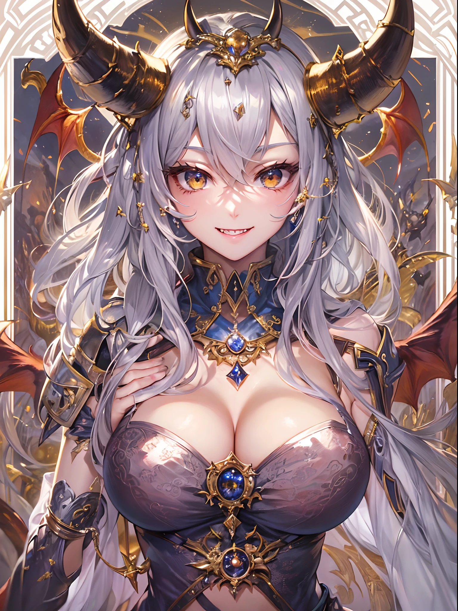 ((Finest quality)),(超A high resolution),(ultra-detailliert),(Meticulous portrayal),((Best Anime)),(Finest works of art),sharpnes,Clair, (Fantasyart:1.5), (One Devil:1.8),greed:1.5,arrogant:1.5,brutality:1.5,Confident々,Glamorous Body,cleavage of the breast:1.3,Invincible smile:1.1,thighs thighs thighs thighs:1.1,The tattoo:1.4, Backgrounds with depth,Gold and silver treasures,treasured sword,diadems,Gorgeous,chandeliers