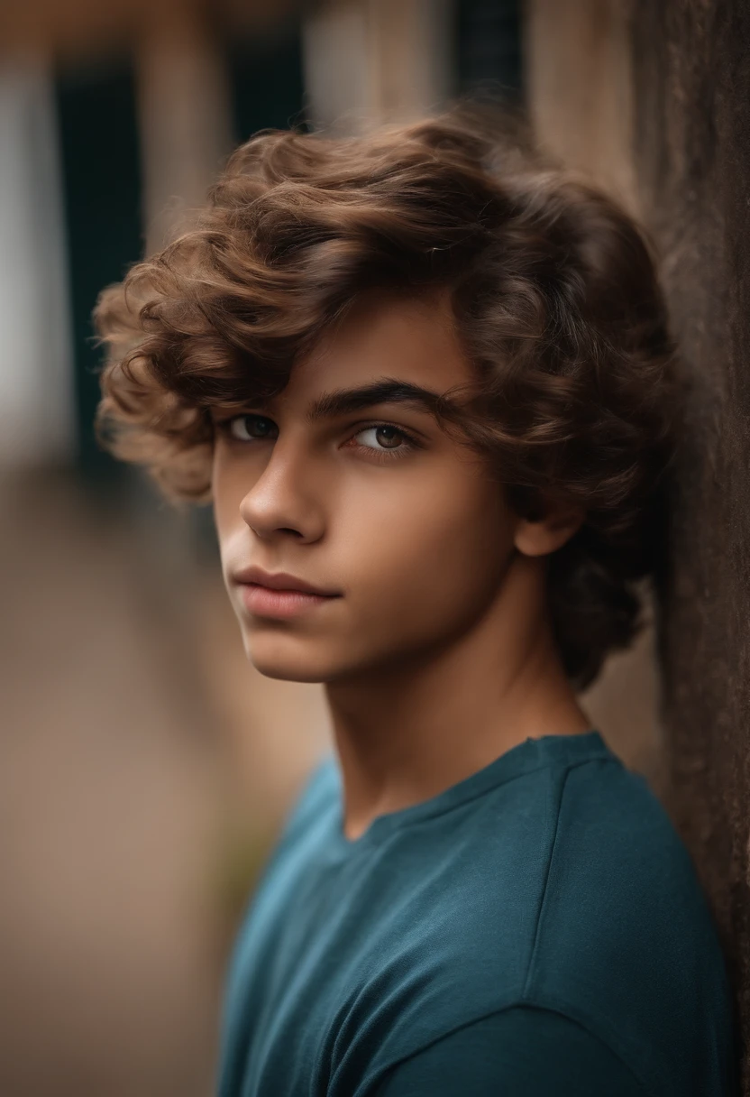 menino de 17 anos com olhos marrons cabelo ondulado castanho pele clara