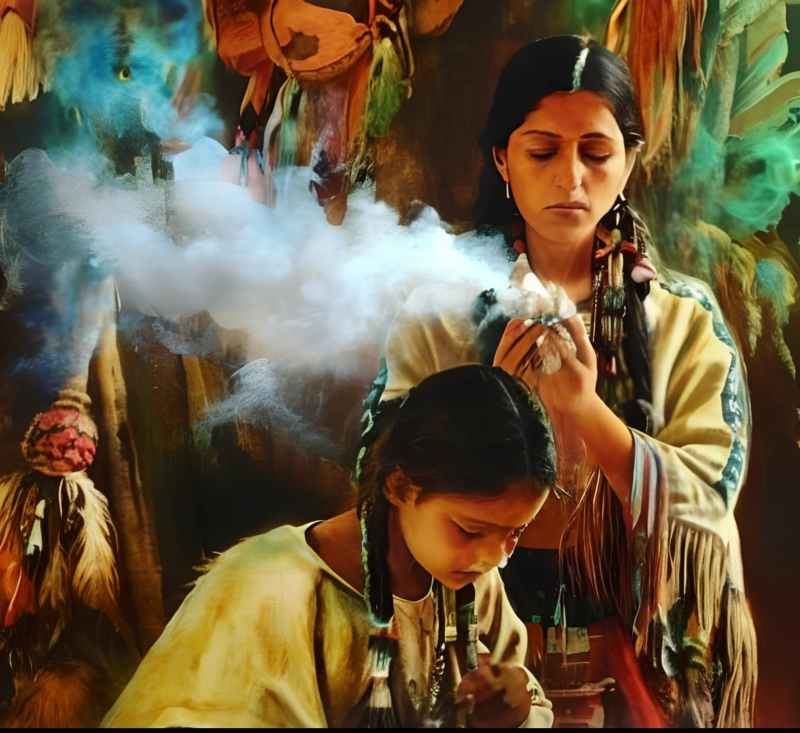 Humanized hyperrealistic cinematic scene of a woman and a child in native clothing with smoke coming out of their mouth, Rezar com tabaco, Arte nativa americana, they are smoking, Directed by: Stan Stokes, the smoke is flowing, sage smoke, : native american shamen fantasy, fumar um cachimbo, Nativo americano, beautiful depiction, fumar maconha, Arte nativa, blowing smoke, blowing smoke, # smokeweedeveryday