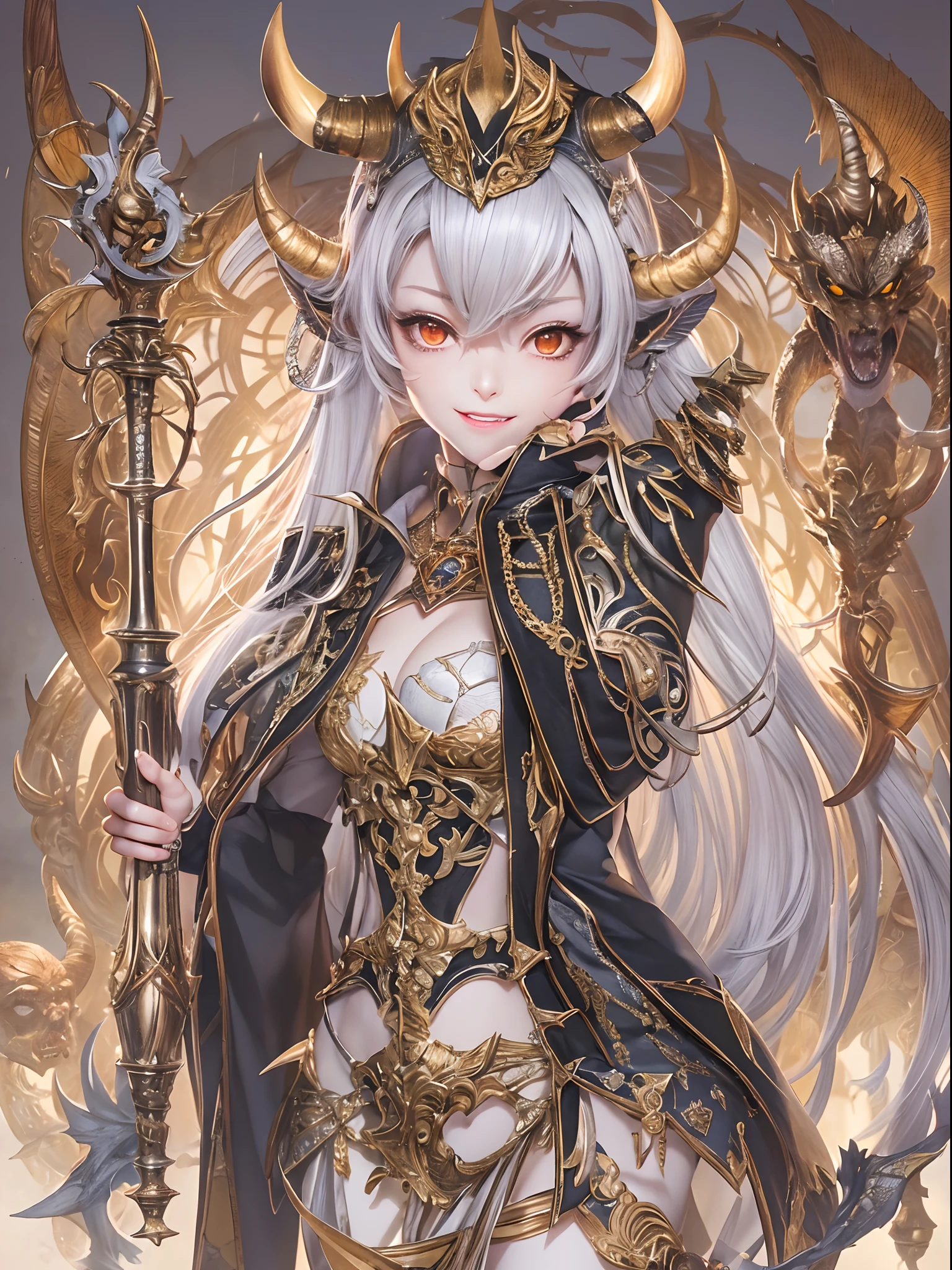 ((Finest quality)),(超A high resolution),(ultra-detailliert),(Meticulous portrayal),((Best Anime)),(Finest works of art),sharpnes,Clair, (Fantasyart:1.5), (One Devil:1.8),greed:1.5,arrogant:1.5,brutality:1.5,Confident々,Glamorous Body,cleavage of the breast:1.3,Invincible smile:1.1,thighs thighs thighs thighs:1.1,The tattoo:1.4, Backgrounds with depth,Gold and silver treasures,treasured sword,diadems,Gorgeous,chandeliers