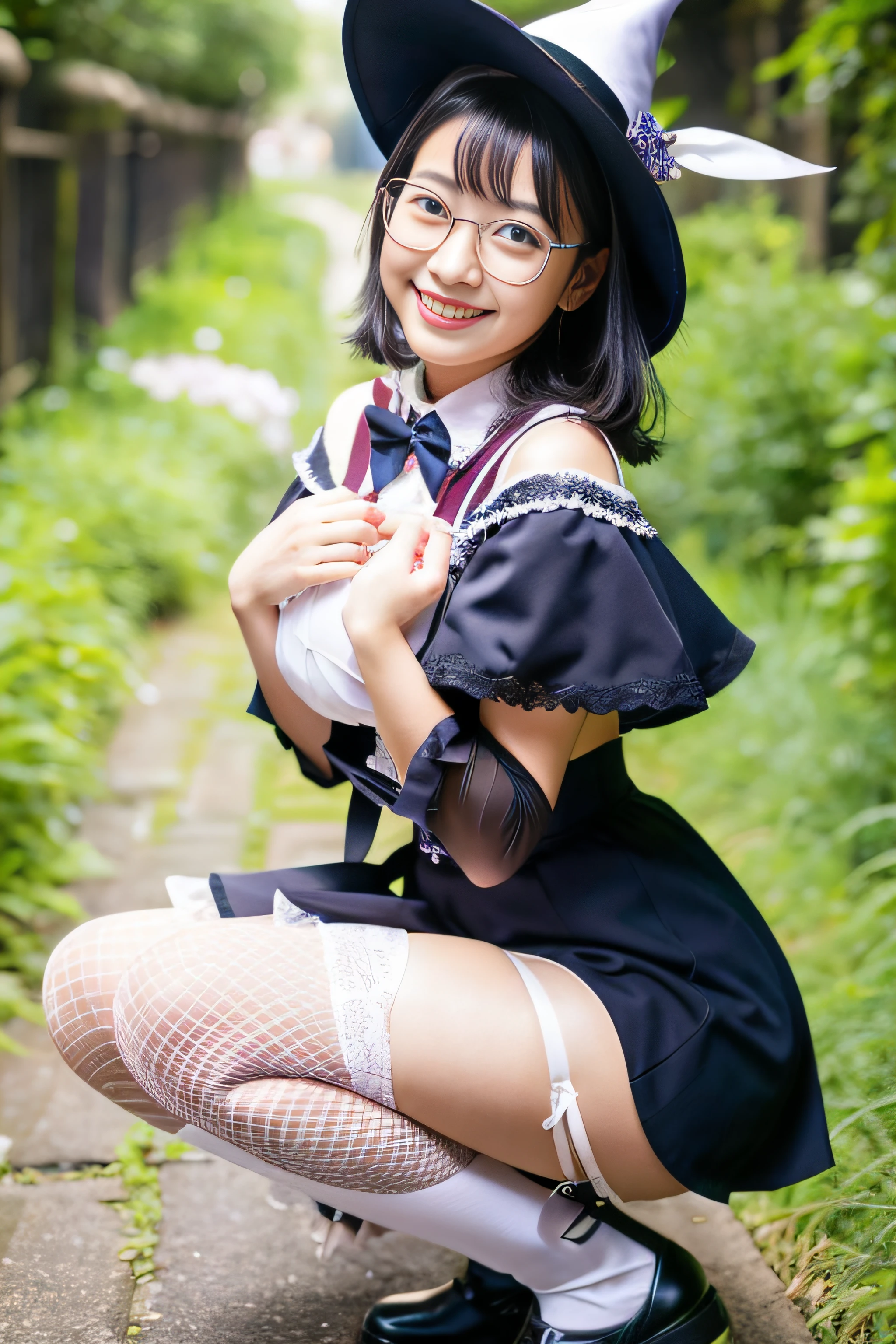 ROW Photos、High quality、Delicate、Professional photographer work、Beautiful girl in Japan、、A smile、A slight smil、gothic lorita、Gothic lolita、a miniskirt、White knee-high stockings、witch's hat、From the knee up、Round shaped glasses、（Blue-silver hair color：1.3）、E Cup Breast、White over-knee socks、garterbelts、（Absolute area：1.3）、Pink lace panties、Squatting、M-shaped legs