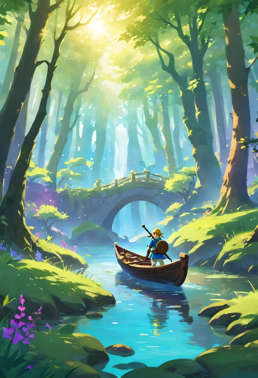 A backlit forest, filled with many trees but not much understory growth, purple light peels through the branches. there is a river in the middle that emits a light blue glow as it winds through the trees. on the river there is a small boat lit by a lantern, with a cloaked figure sitting in it